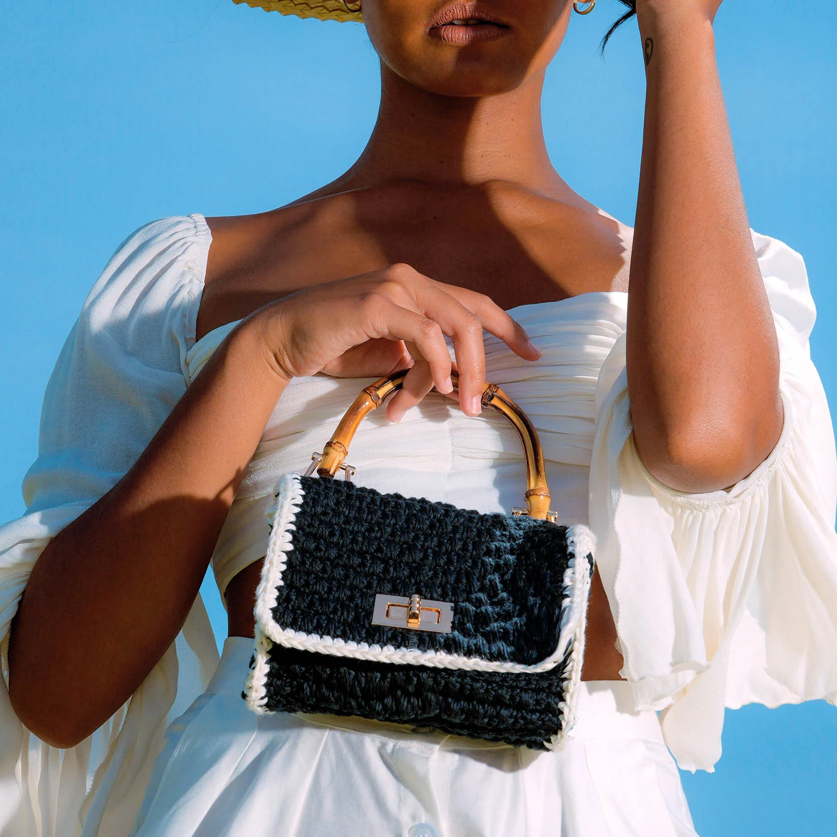 AIRMAIL Mini Crochet Handbag In Black & White - Image 5