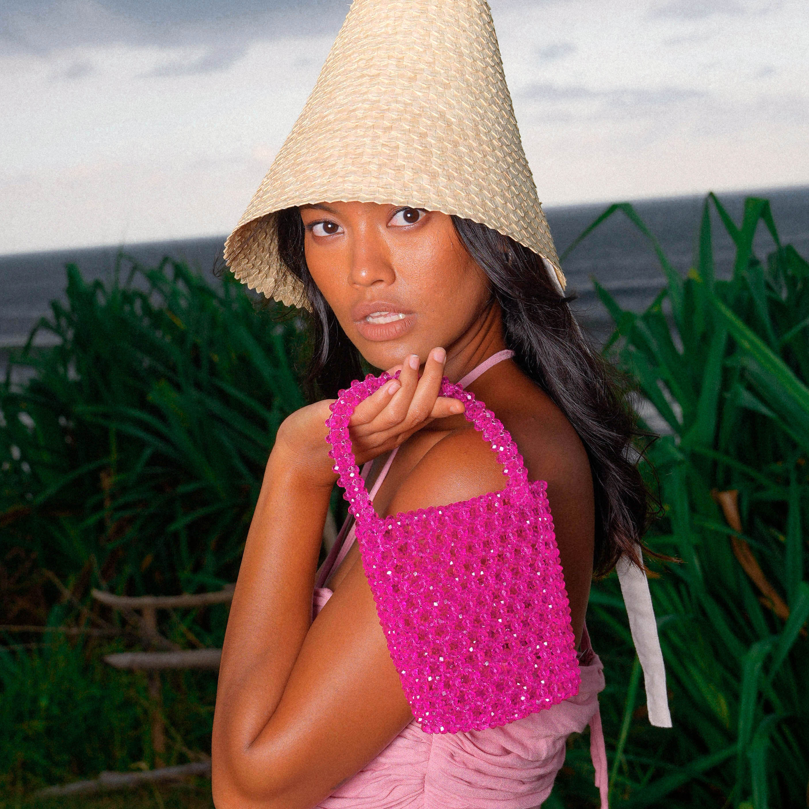 ANTONIA Crystal Beads Bucket Bag In Hot Pink - Image 2