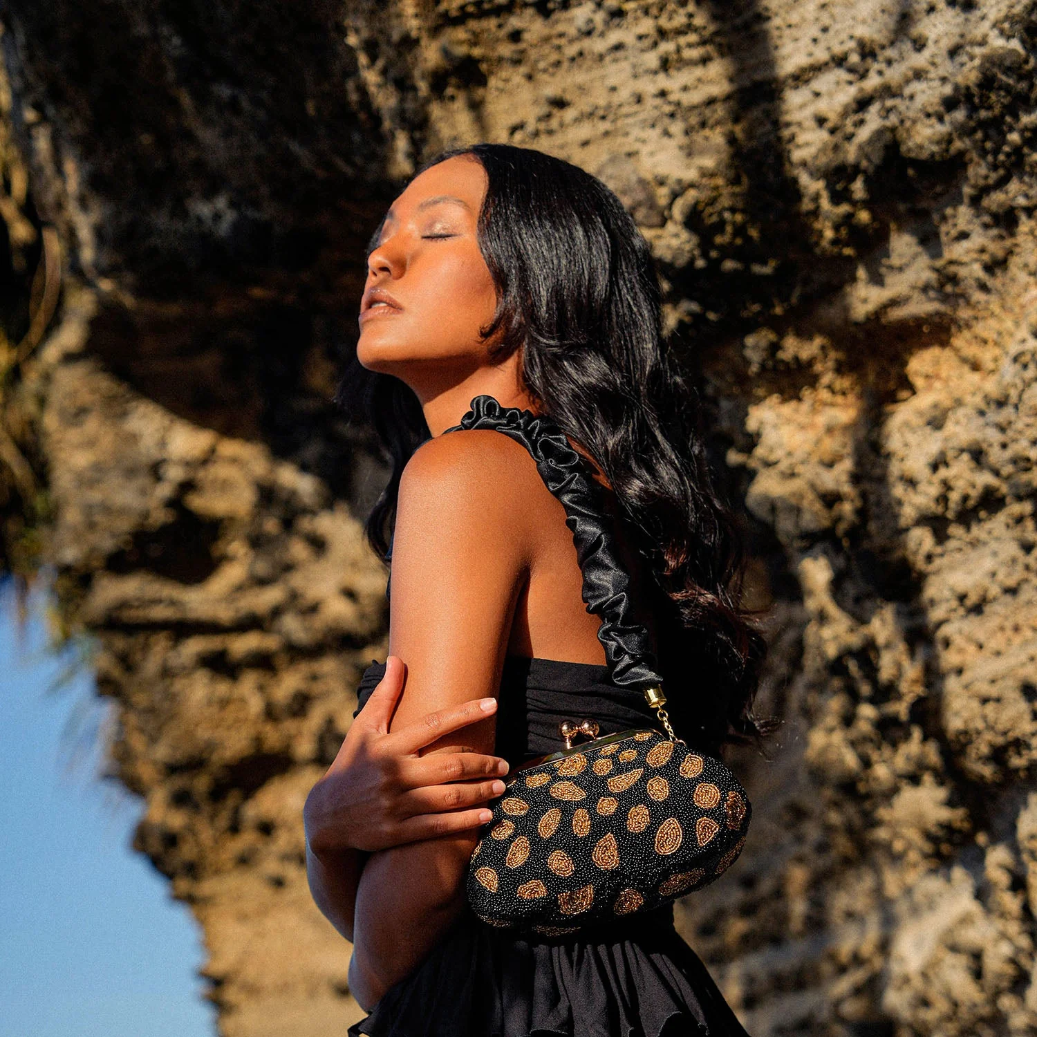 ARNOLDI Black Gold Hand-beaded Clutch In Black & Gold - Image 2