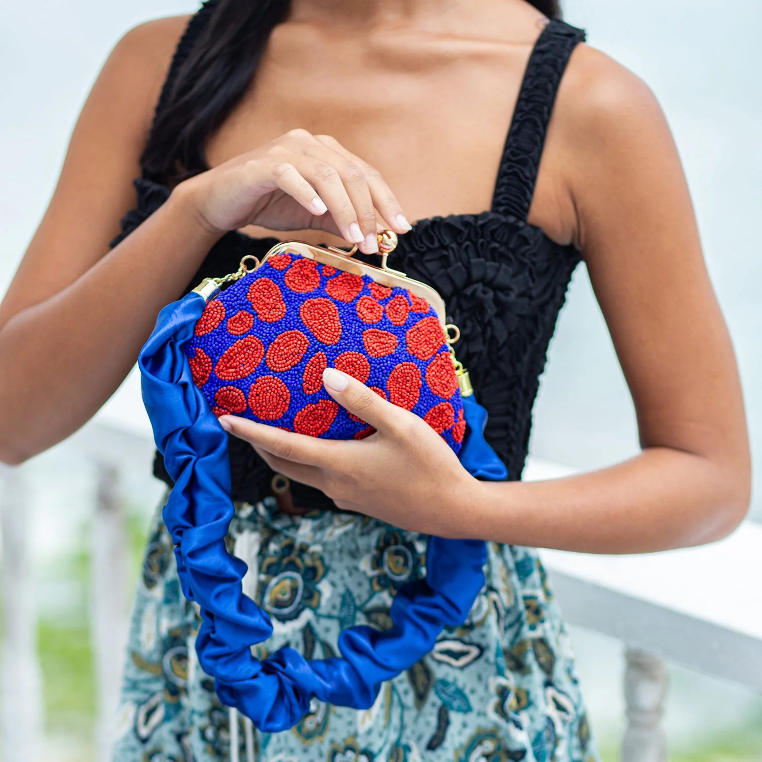 ARNOLDI Mandy Hand-beaded Clutch, in Savoy Blue & Red - Image 3