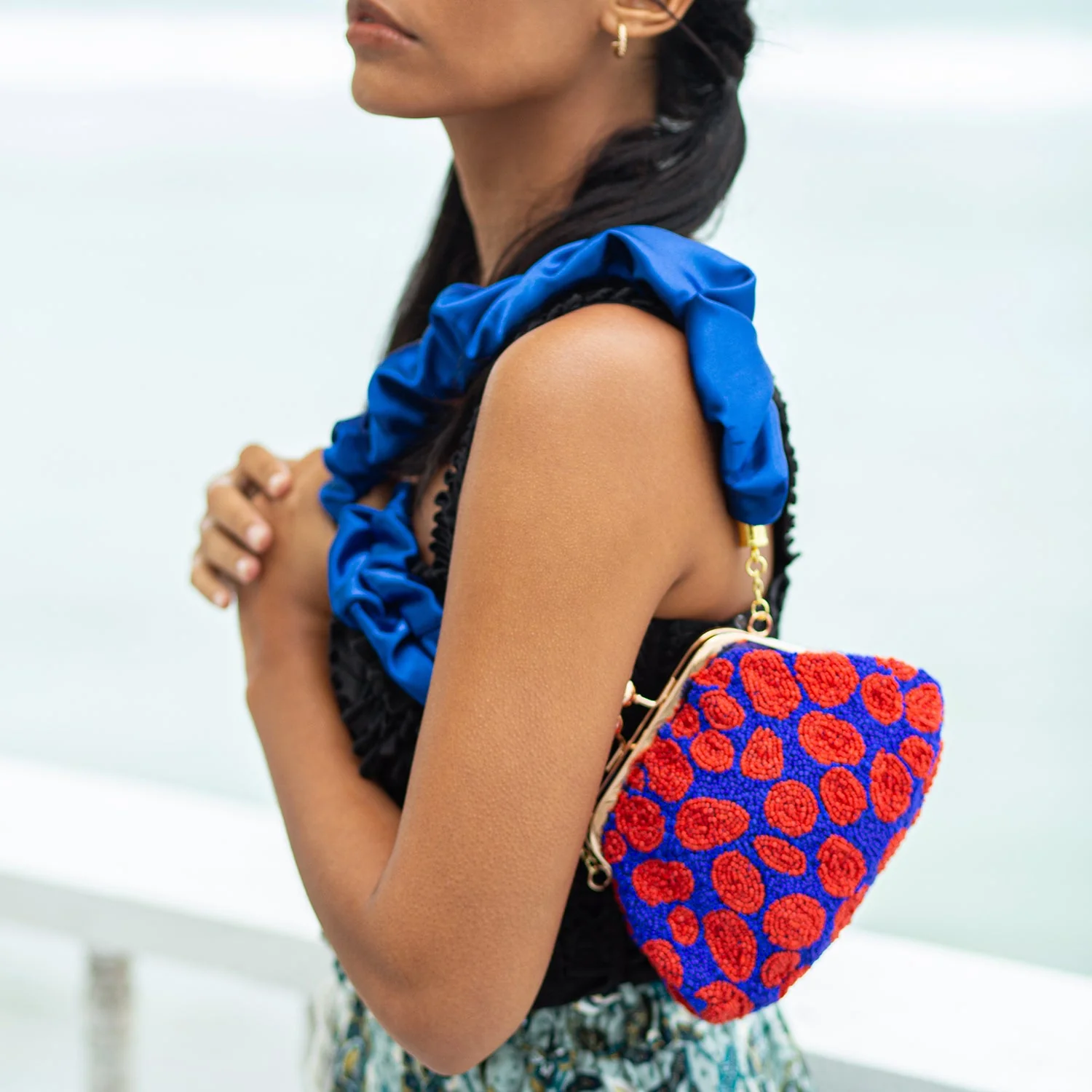 ARNOLDI Mandy Hand-beaded Clutch, in Savoy Blue & Red - Image 4