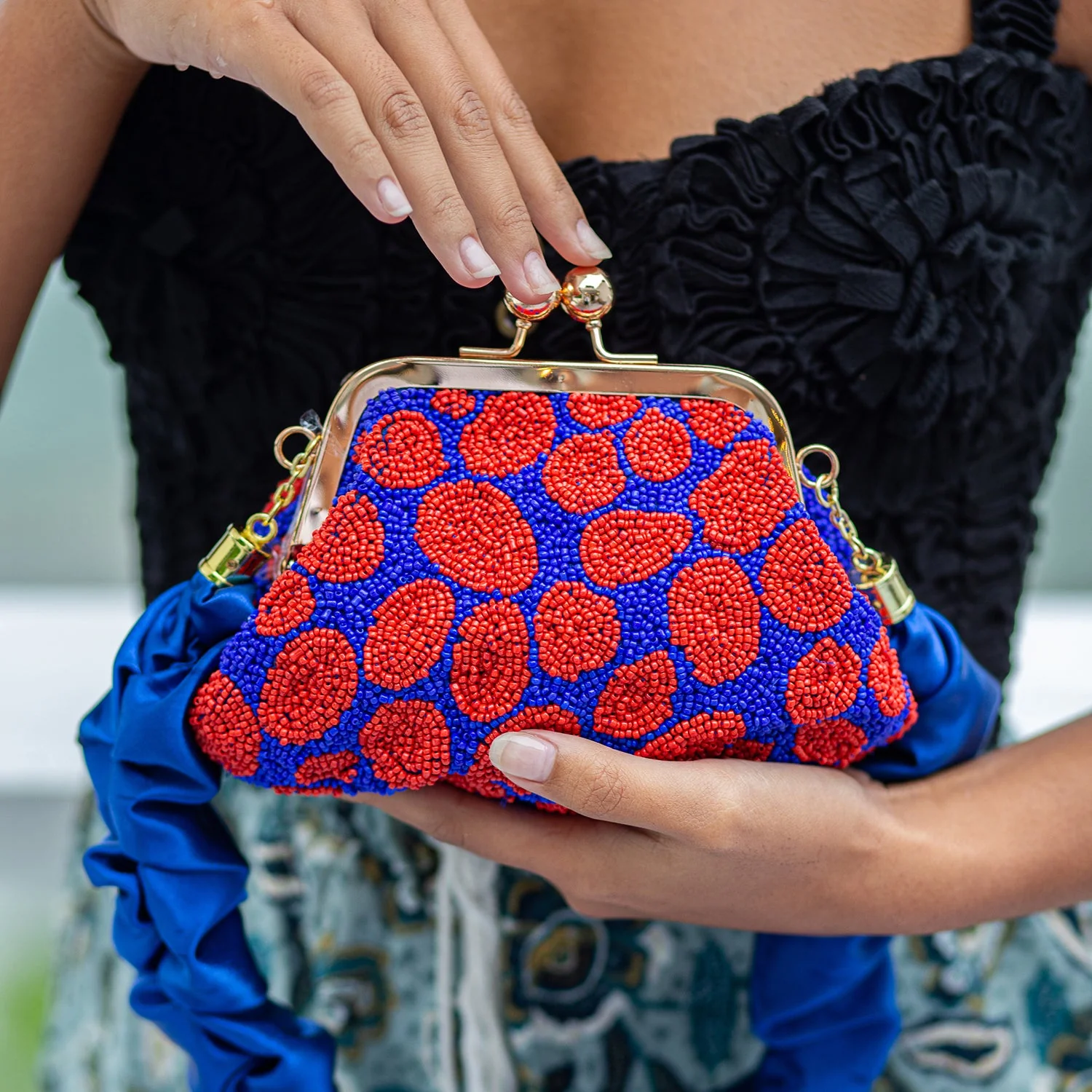 ARNOLDI Mandy Hand-beaded Clutch, in Savoy Blue & Red - Image 5