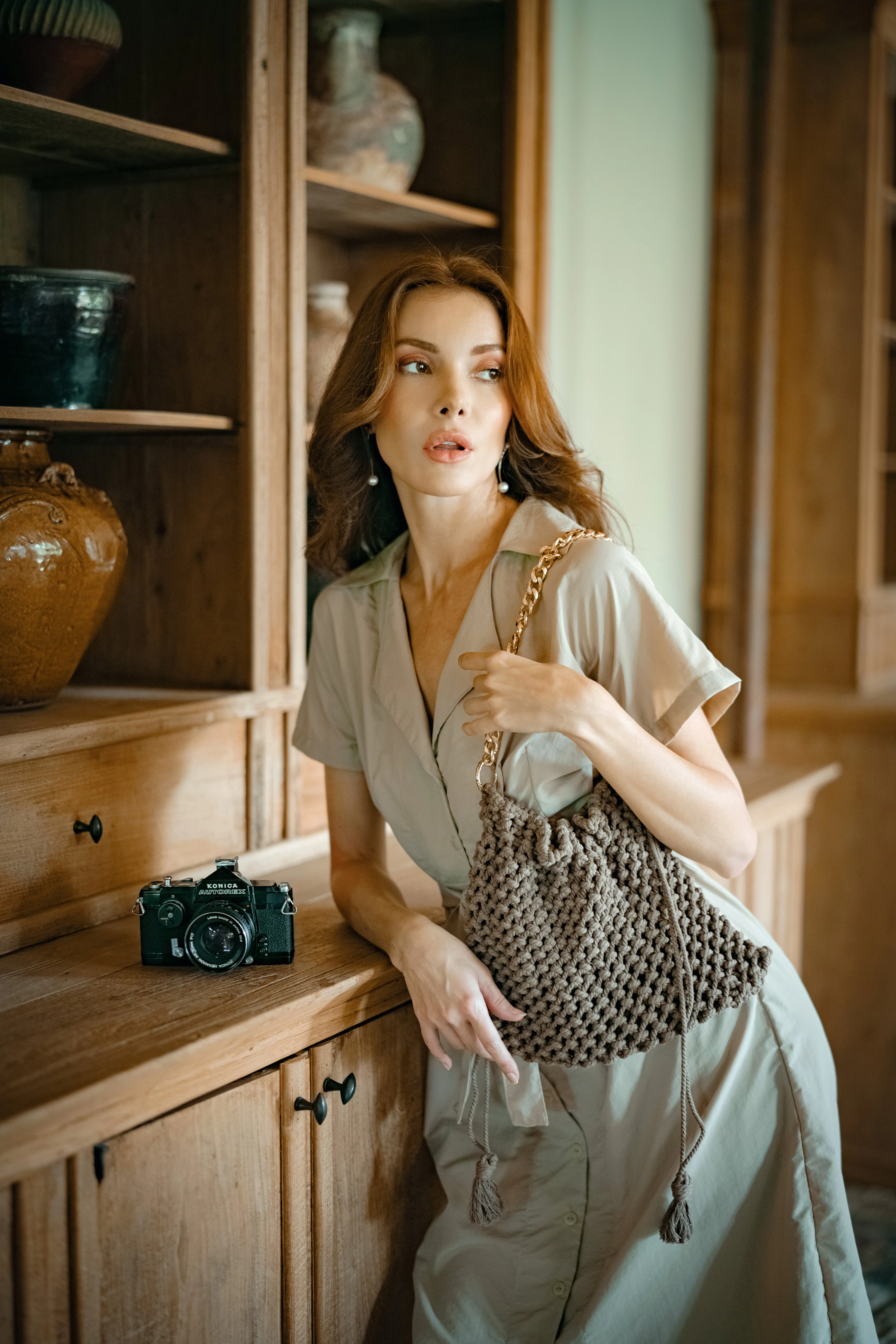 ARYA Safari Linen Midi Dress, in Beige - Image 3