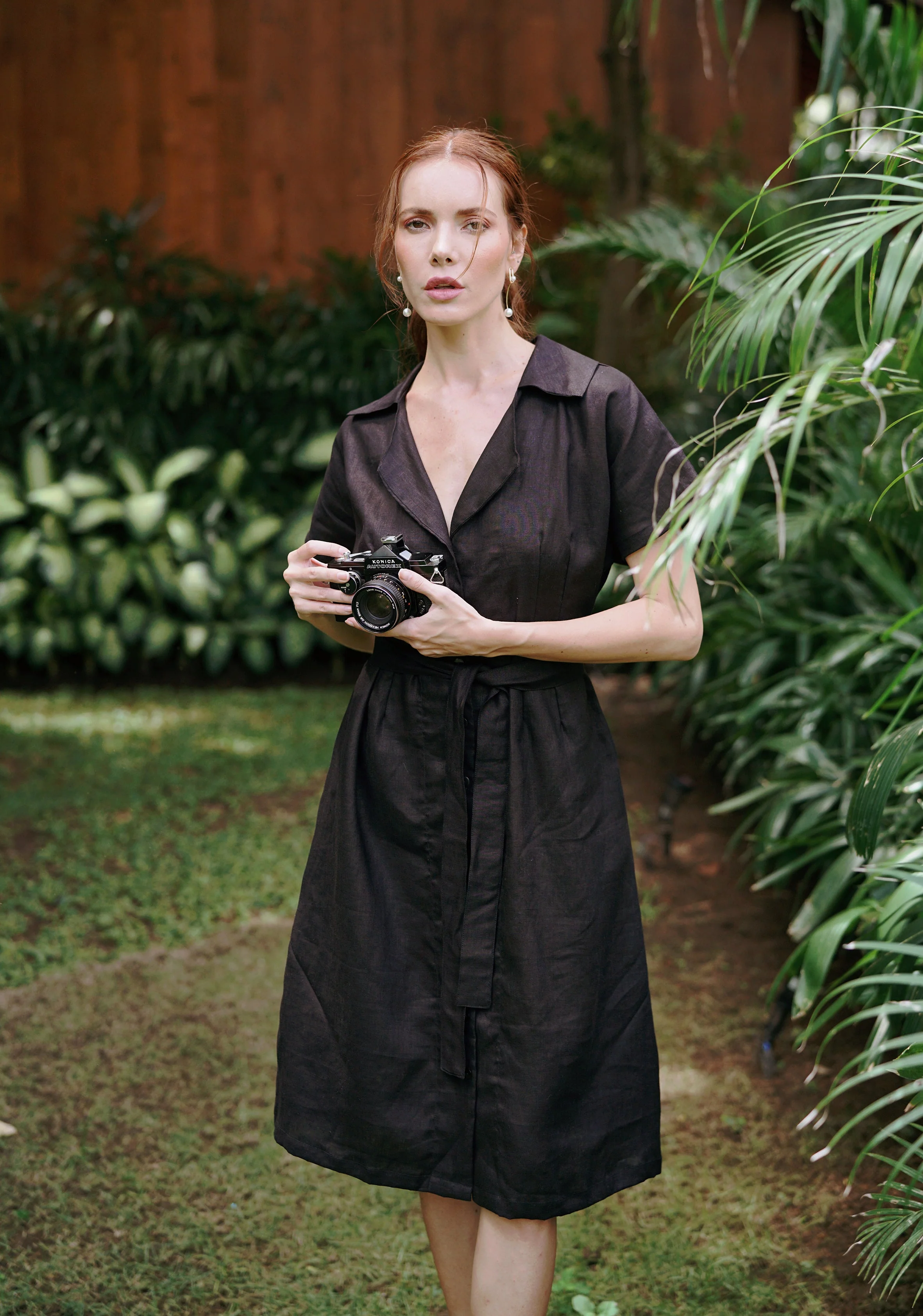 ARYA Safari Linen Midi Dress, in Black - Image 4