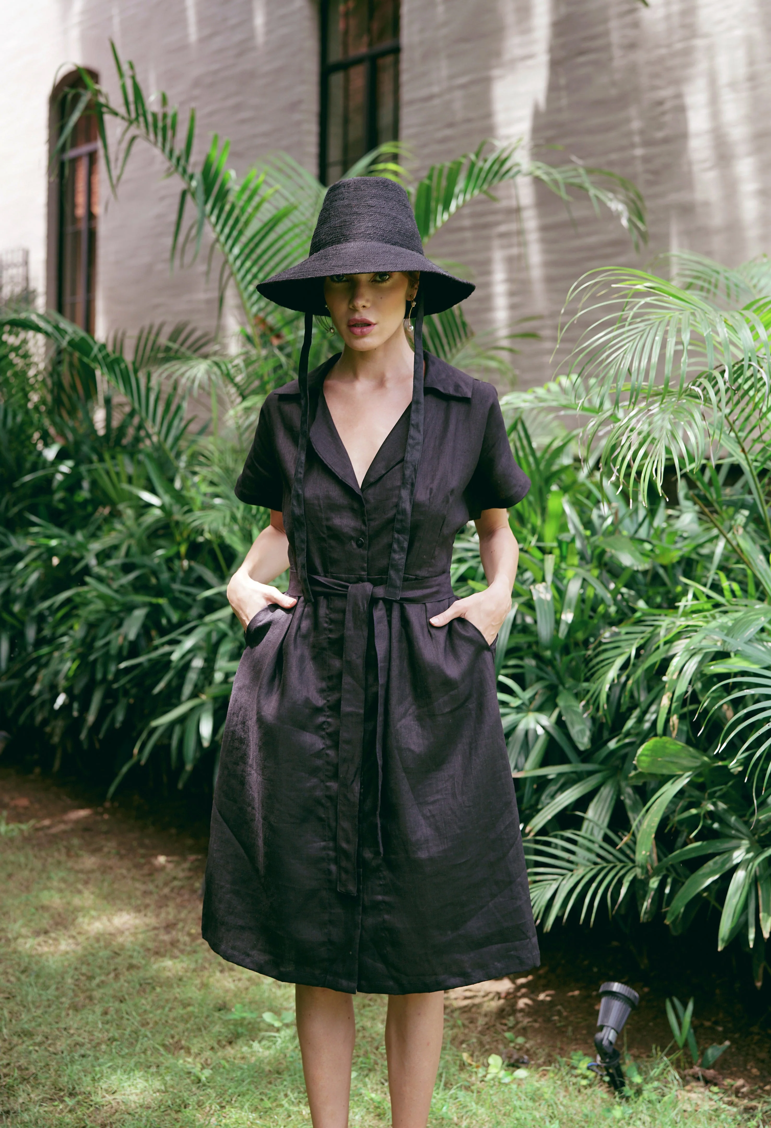 ARYA Safari Linen Midi Dress, in Black - Image 5