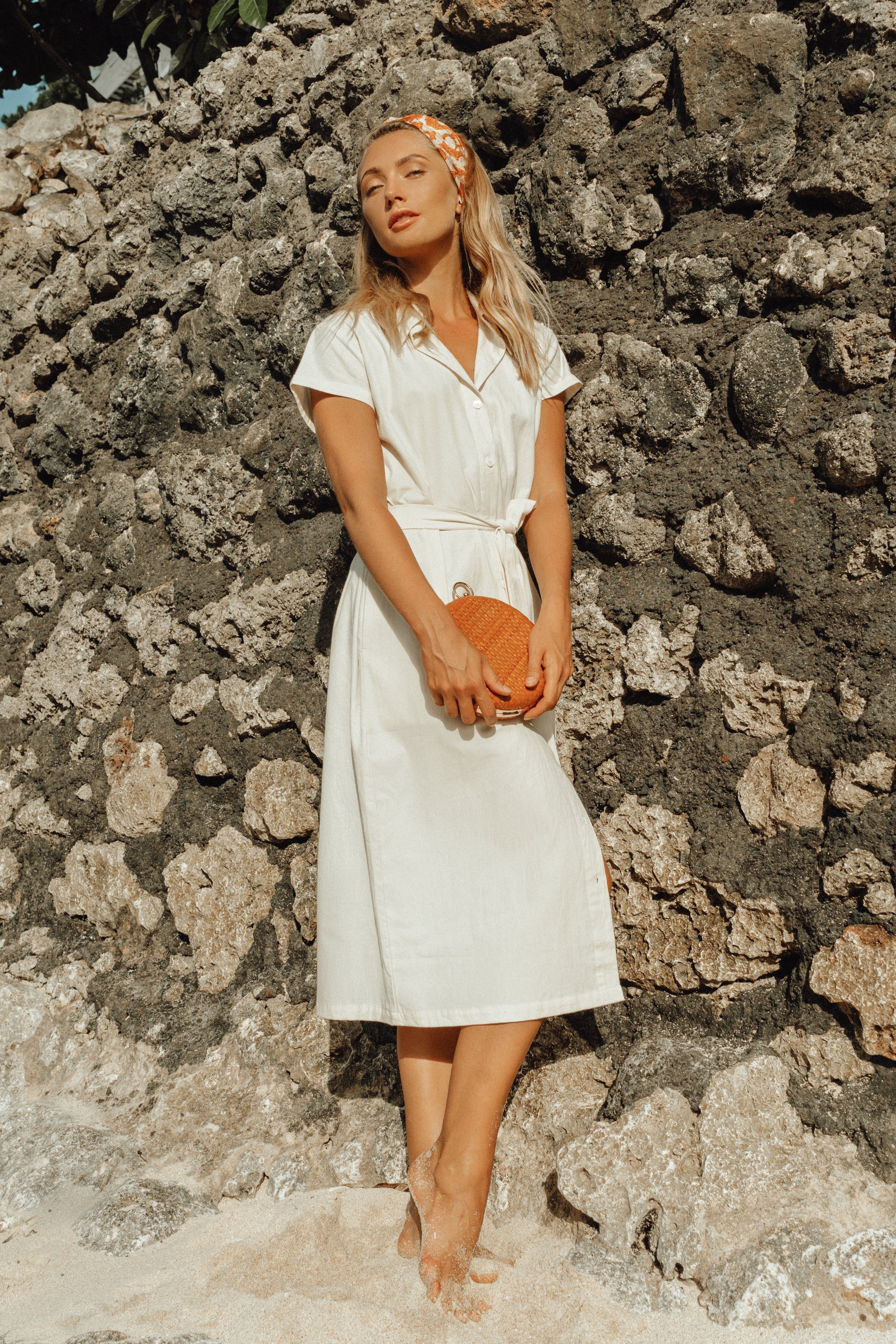 ARYA Safari Linen Midi Dress In Off White - Image 4