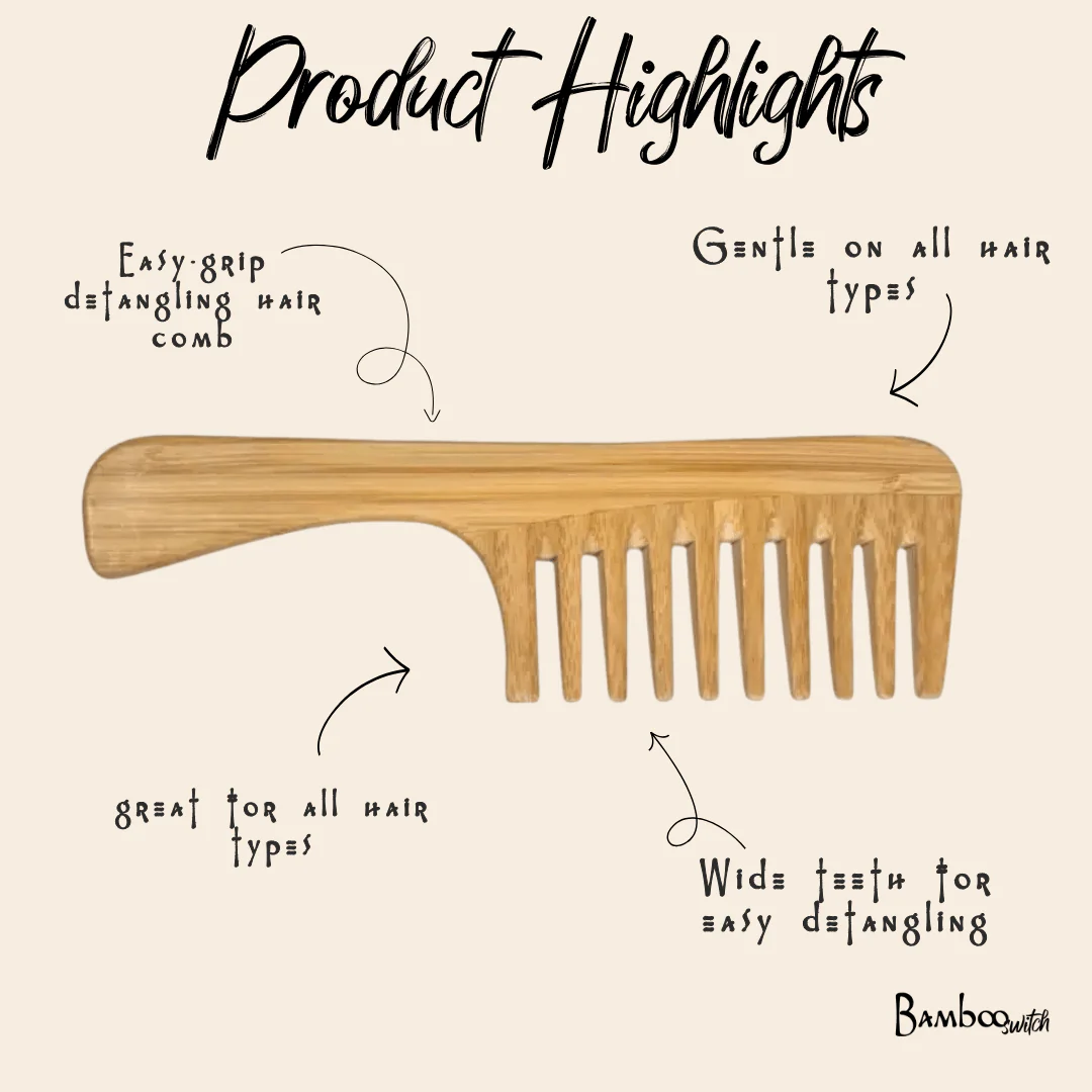 Bamboo Wide Tooth Comb with Handle | Flat Tips - Image 5