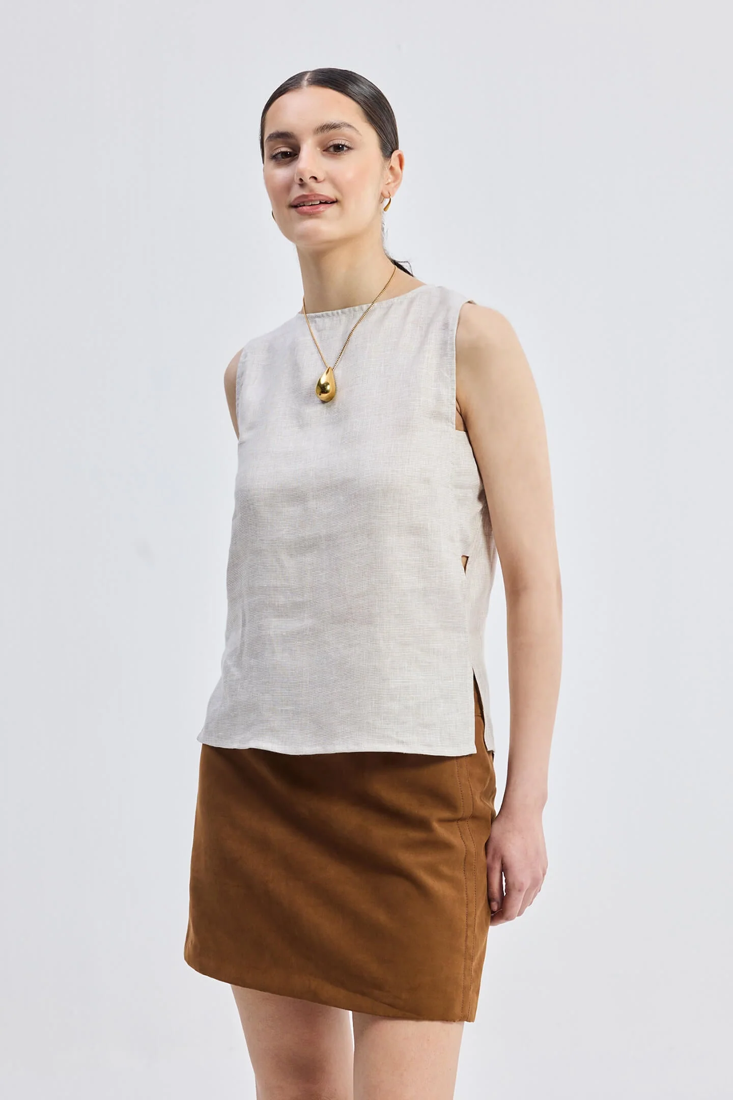 Boat Neck Top in Checkered Linen - Image 3