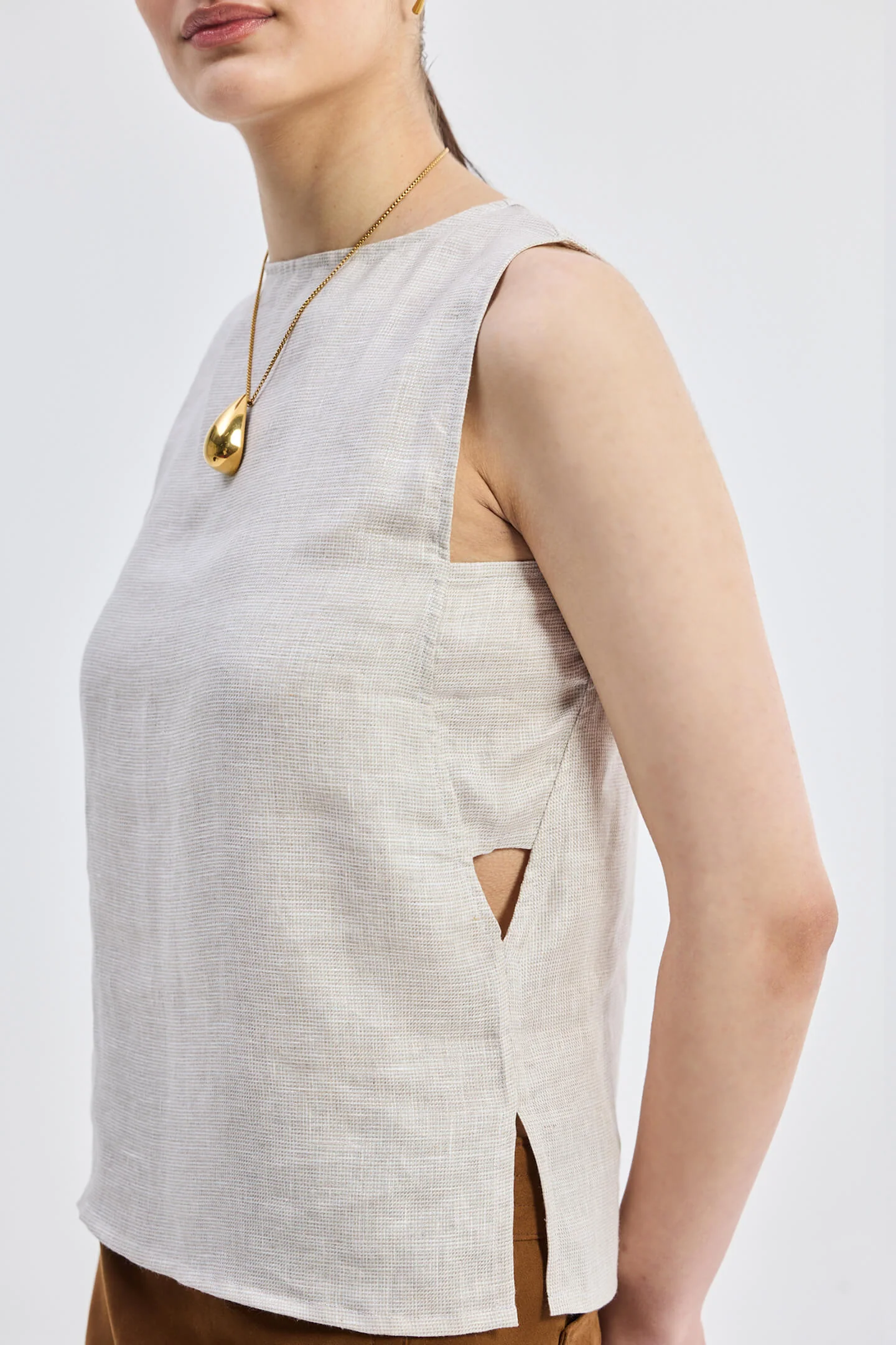 Boat Neck Top in Checkered Linen - Image 4