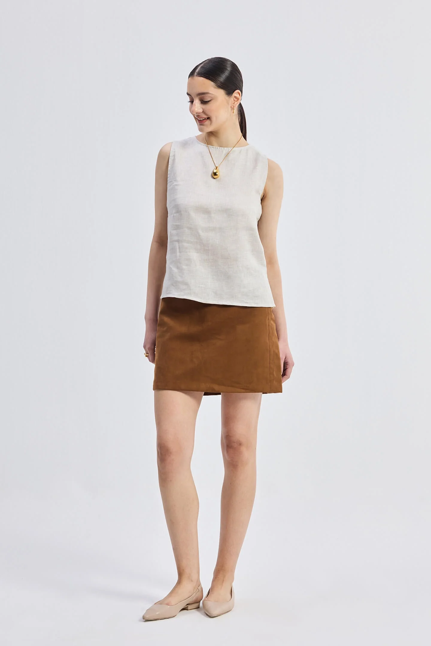 Boat Neck Top in Checkered Linen - Image 5