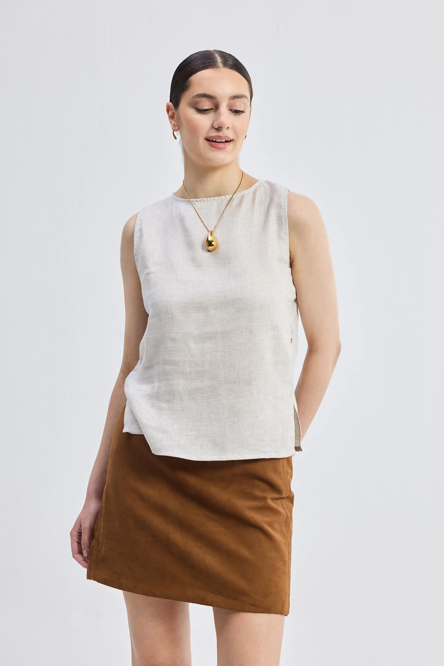 Boat Neck Top in Checkered Linen - Image 6