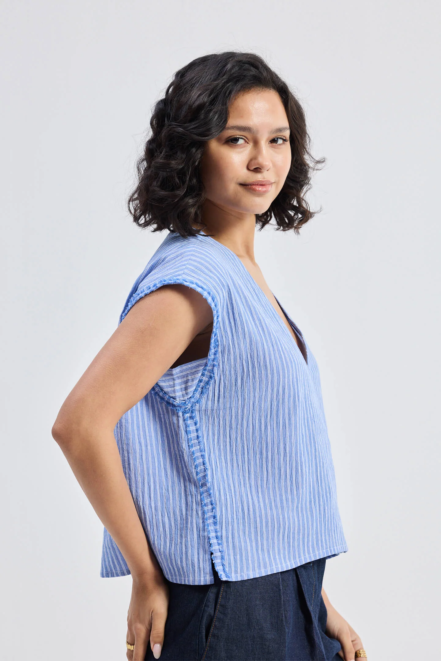 Boxy V-neck Top with Fray Detail - Image 3