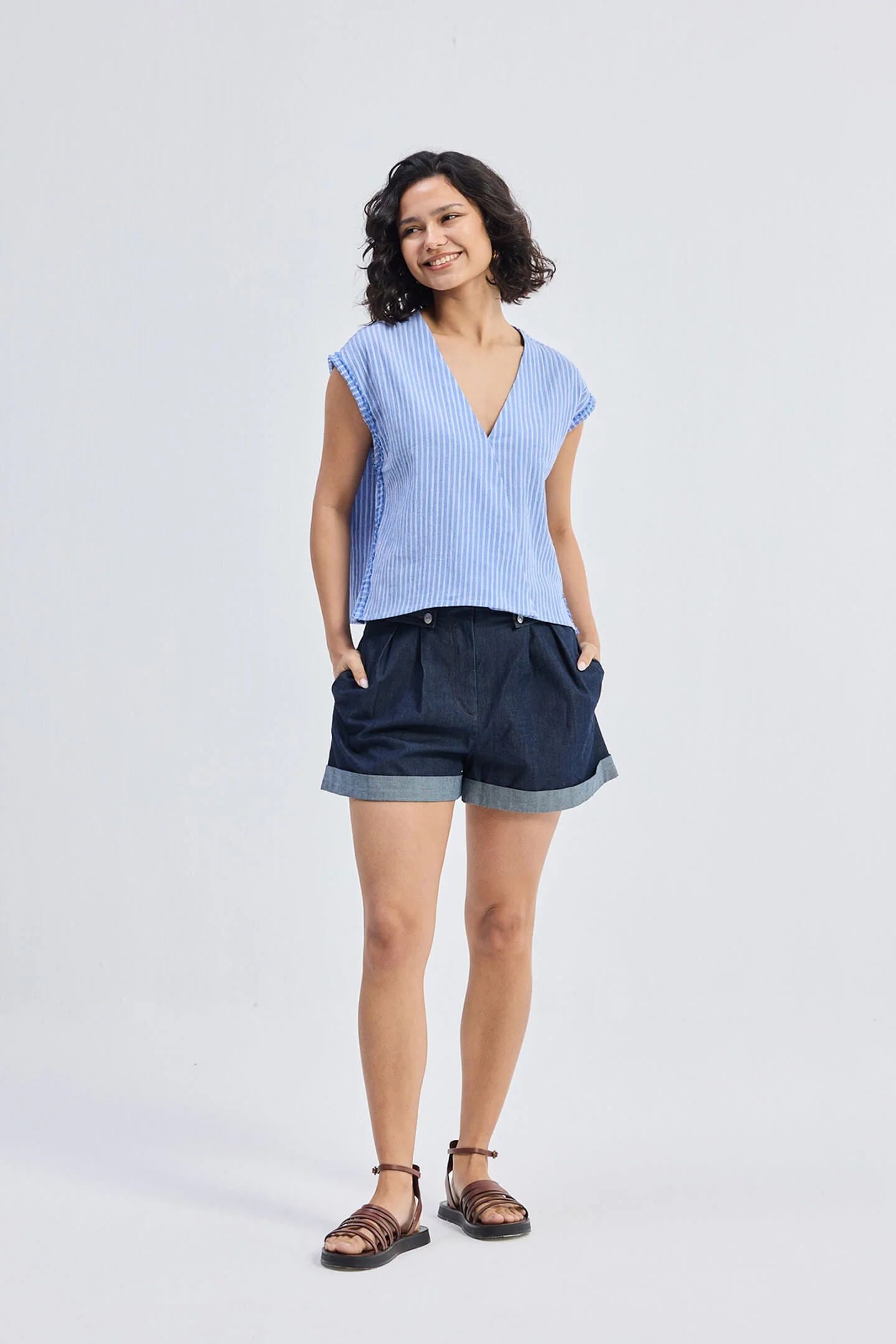 Boxy V-neck Top with Fray Detail - Image 7