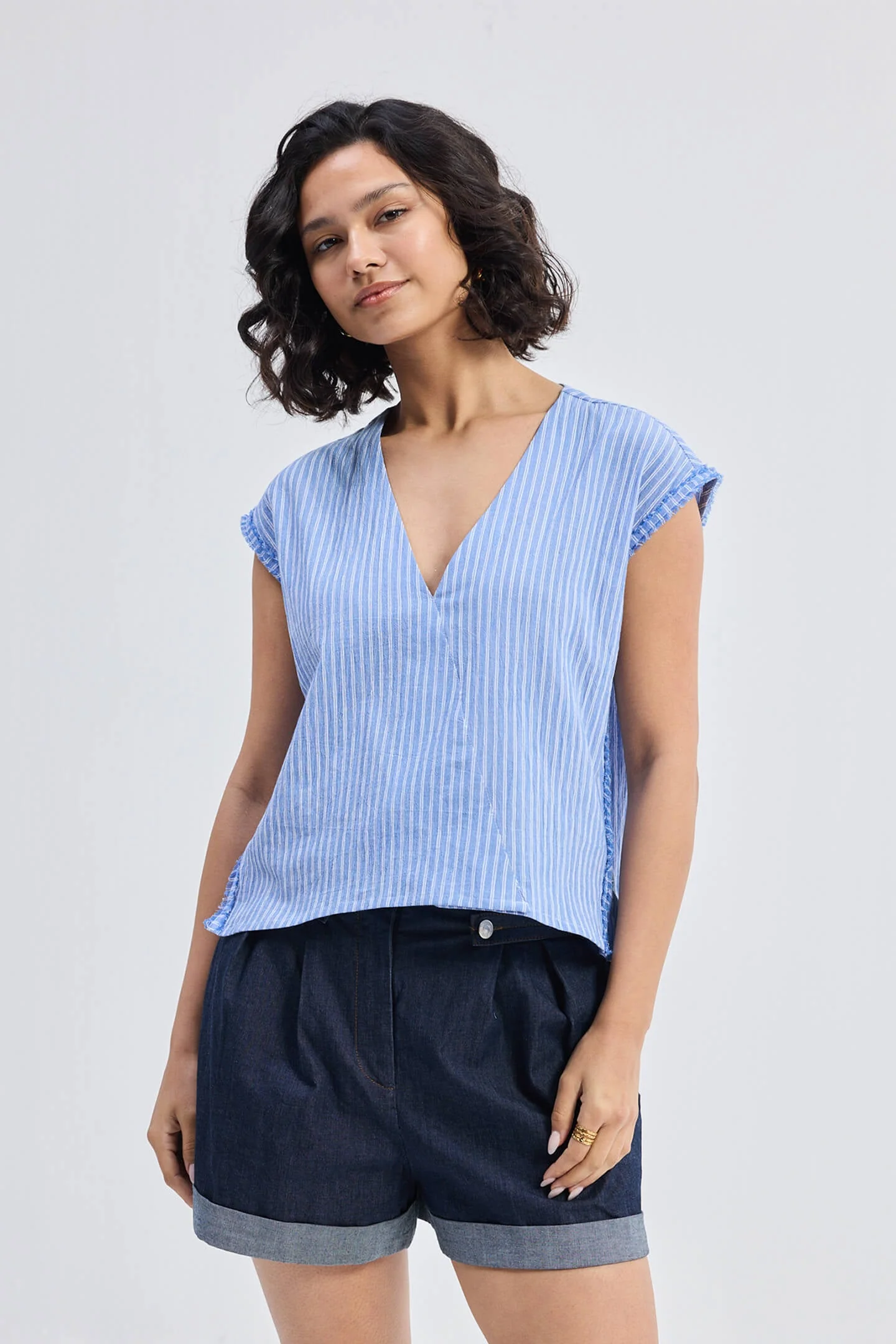 Boxy V-neck Top with Fray Detail - Image 9
