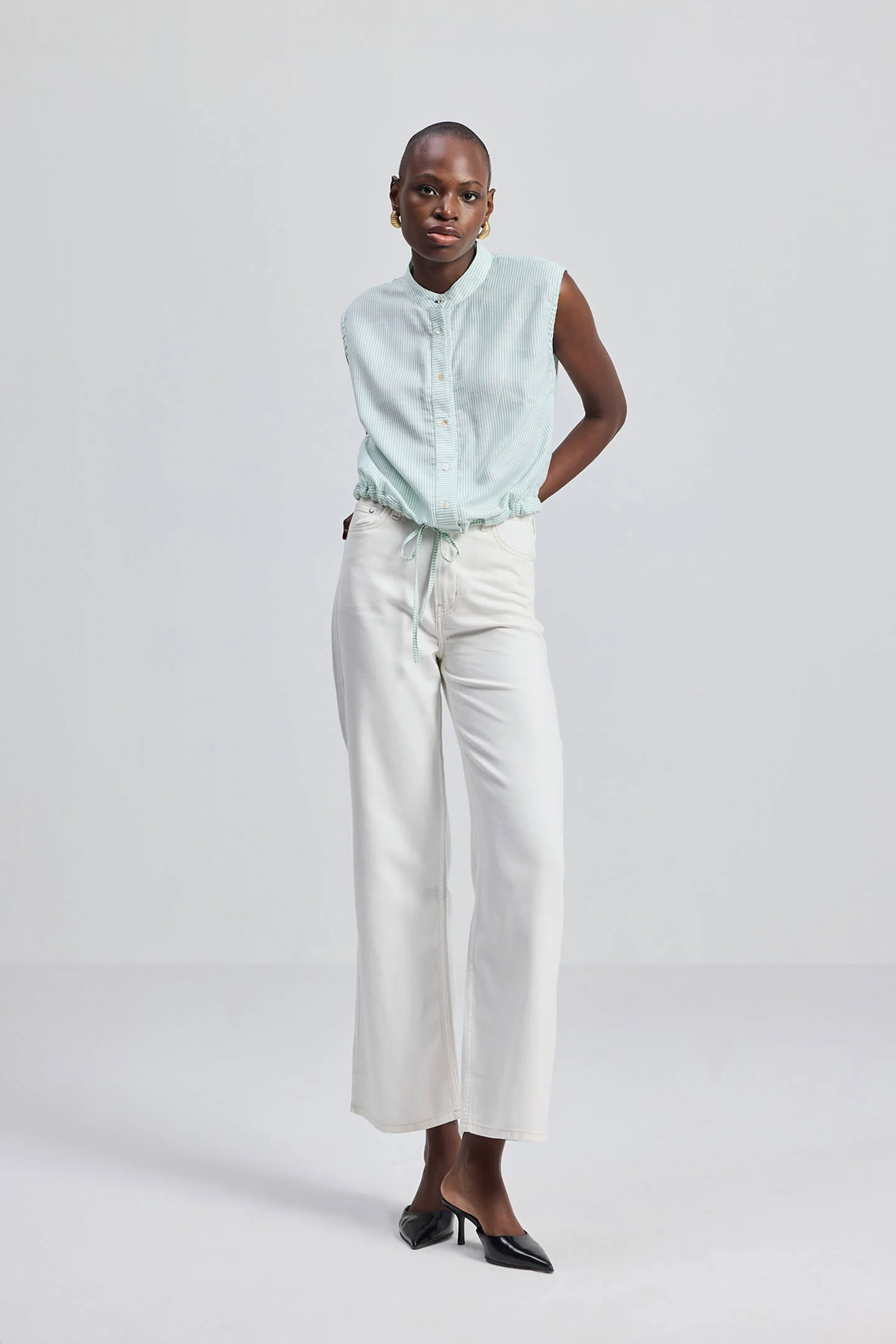 Button-down Shirt with Waist Drawstring in Stripes - Image 11