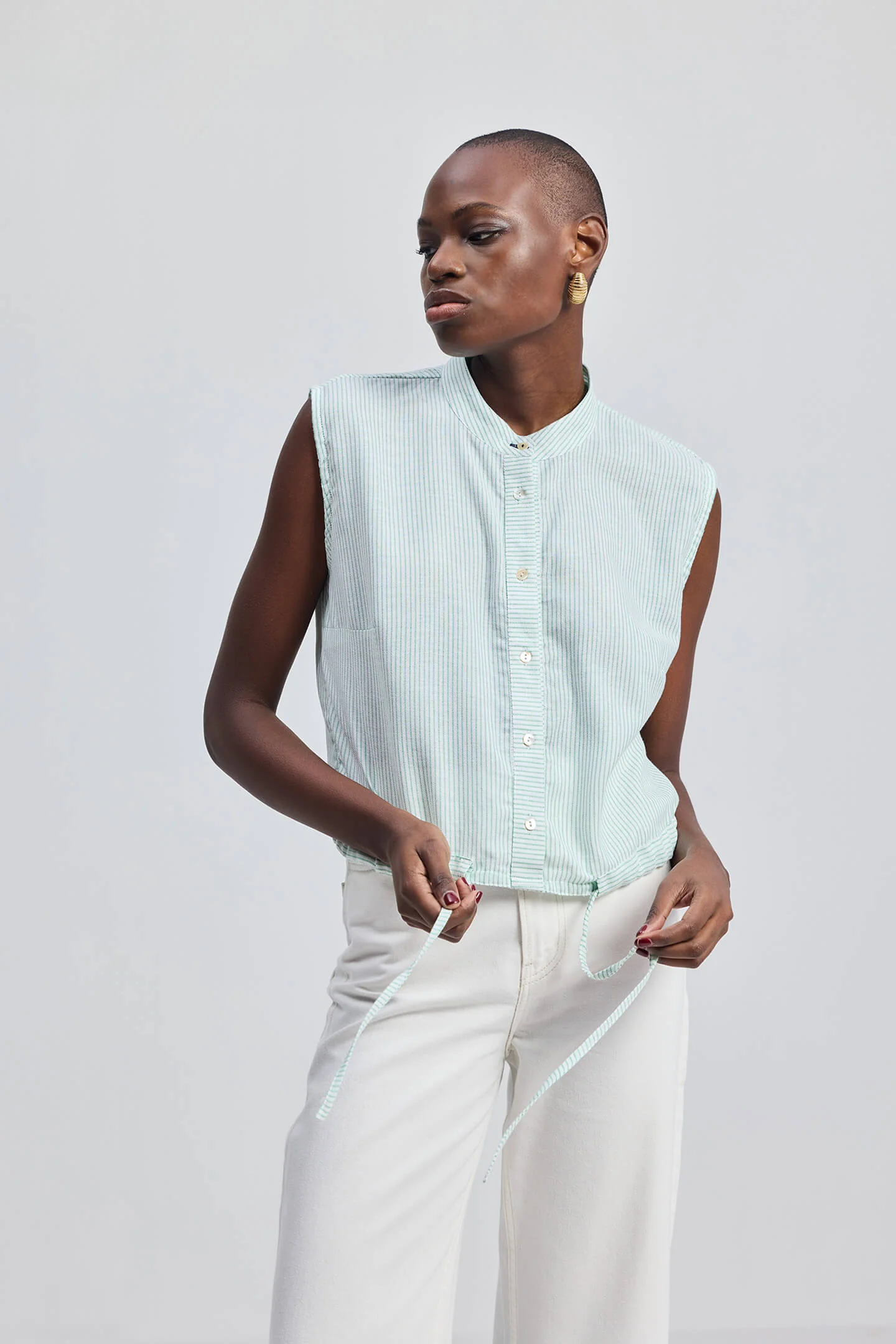 Button-down Shirt with Waist Drawstring in Stripes - Image 14