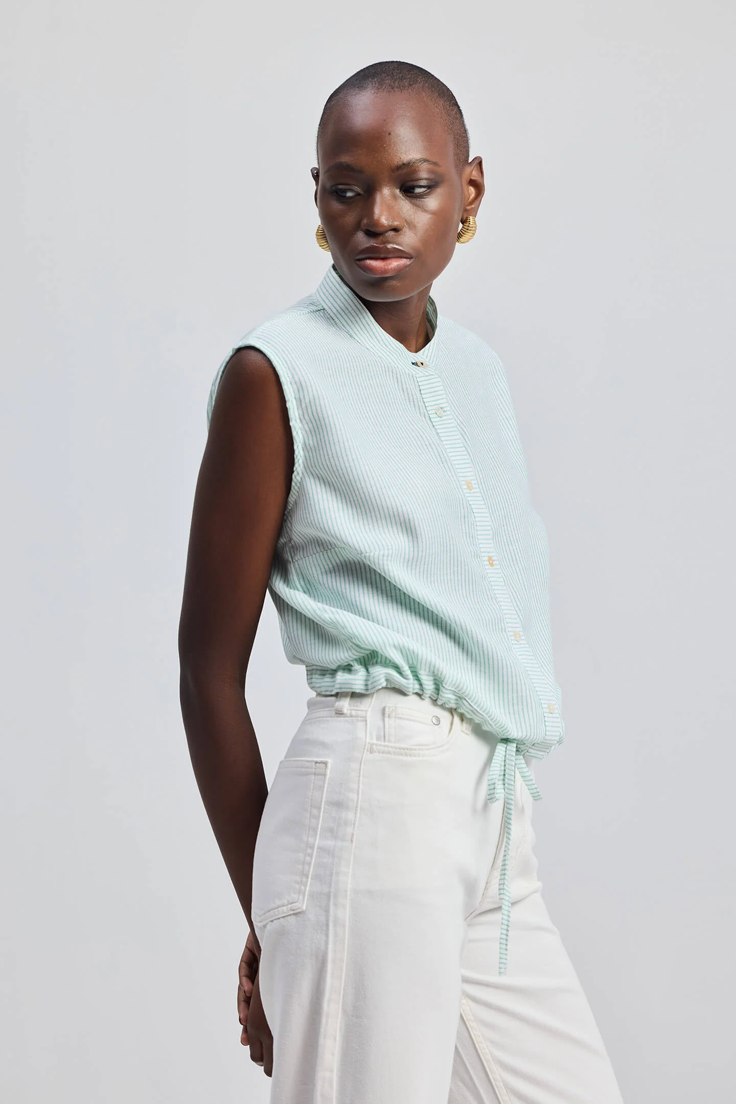 Button-down Shirt with Waist Drawstring in Stripes - Image 3
