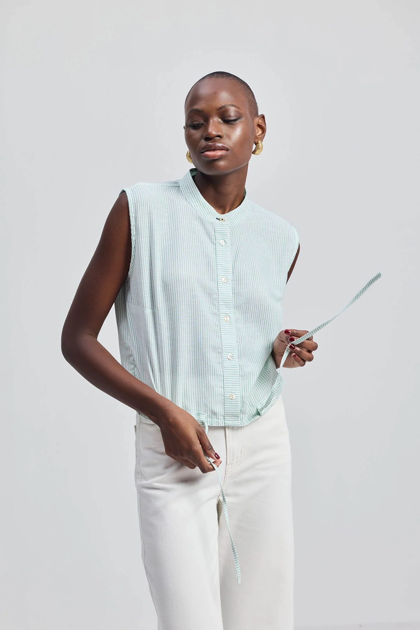 Button-down Shirt with Waist Drawstring in Stripes - Image 4