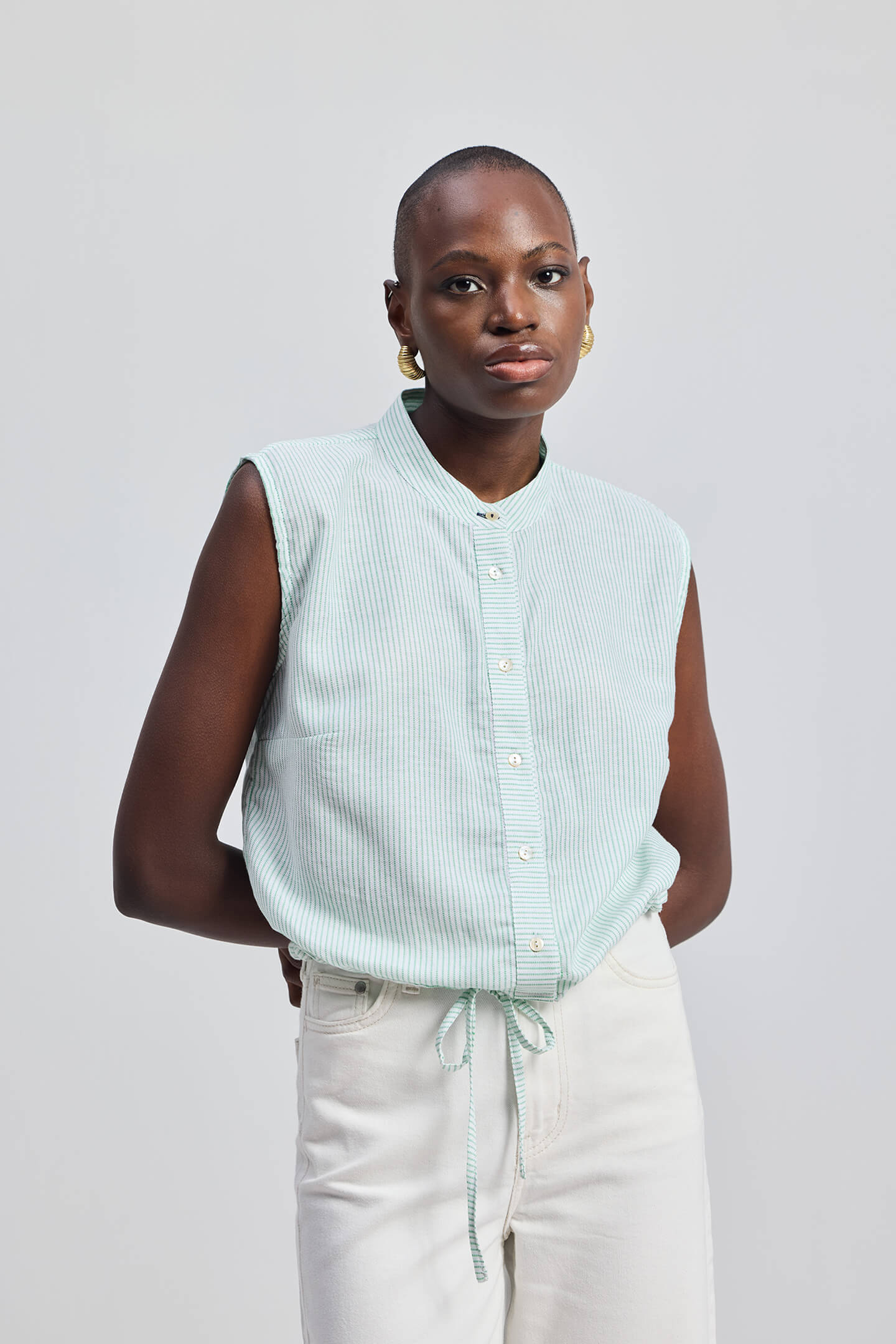 Button-down Shirt with Waist Drawstring in Stripes - Image 6