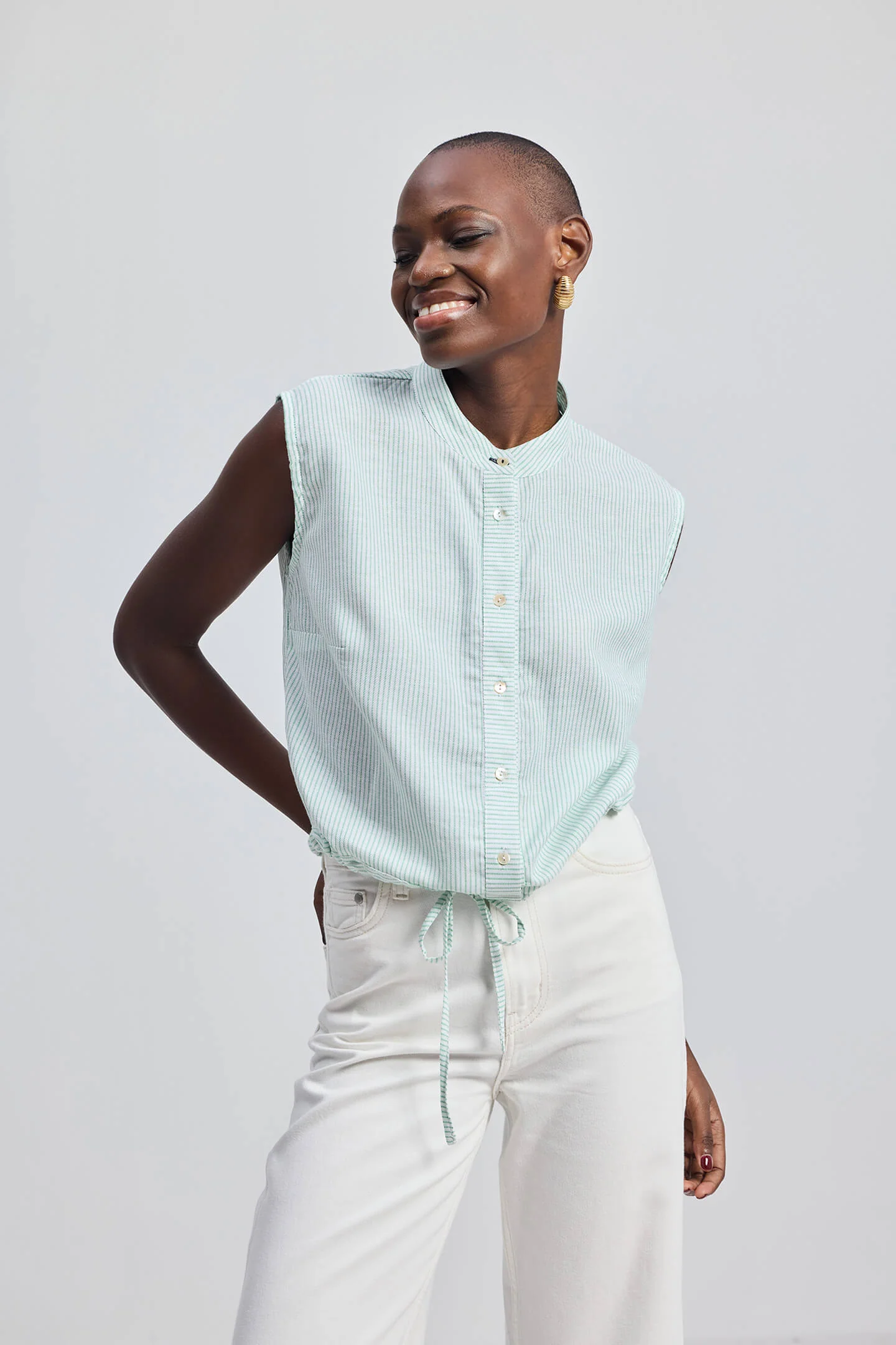Button-down Shirt with Waist Drawstring in Stripes - Image 8
