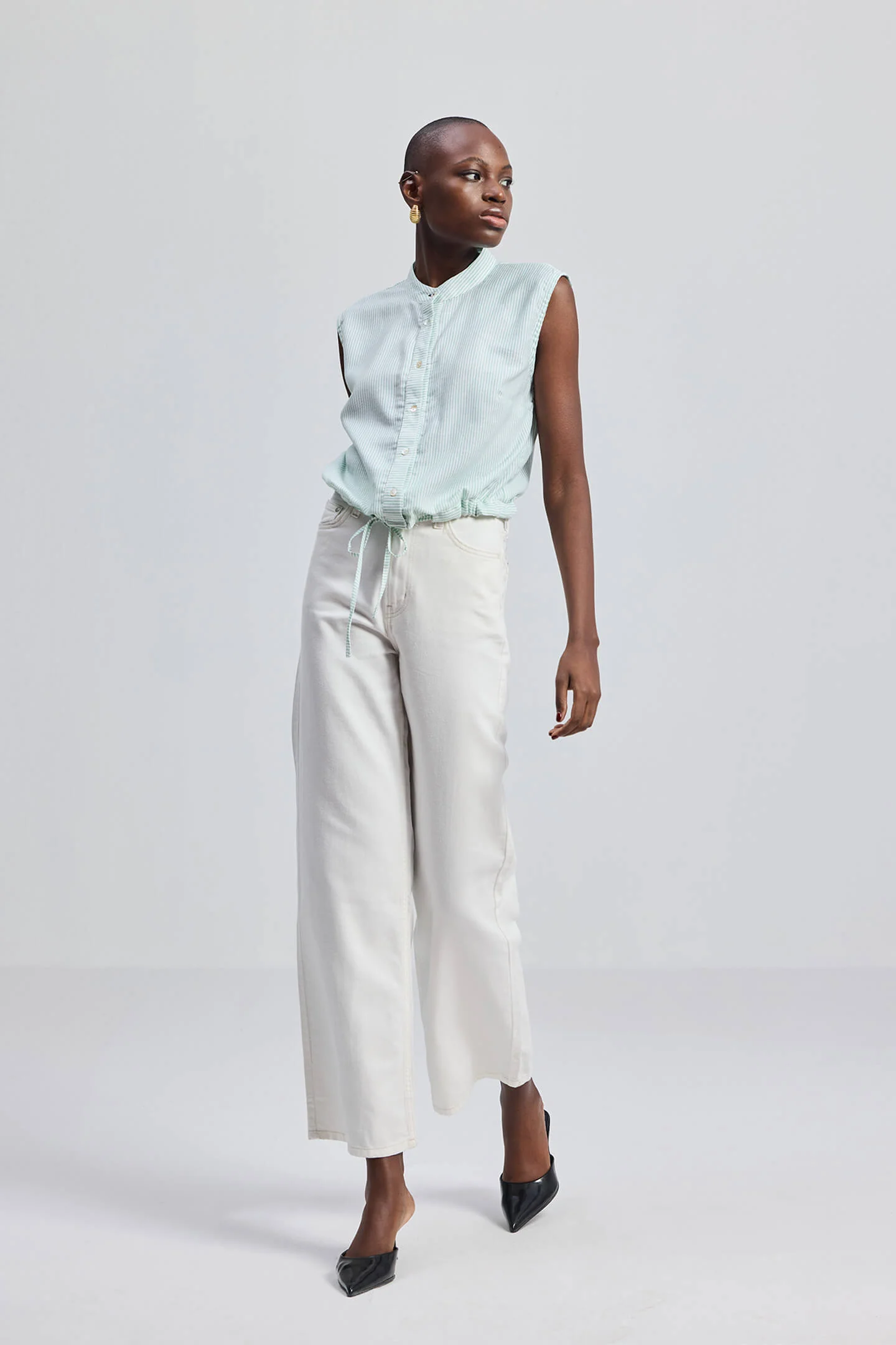 Button-down Shirt with Waist Drawstring in Stripes - Image 9
