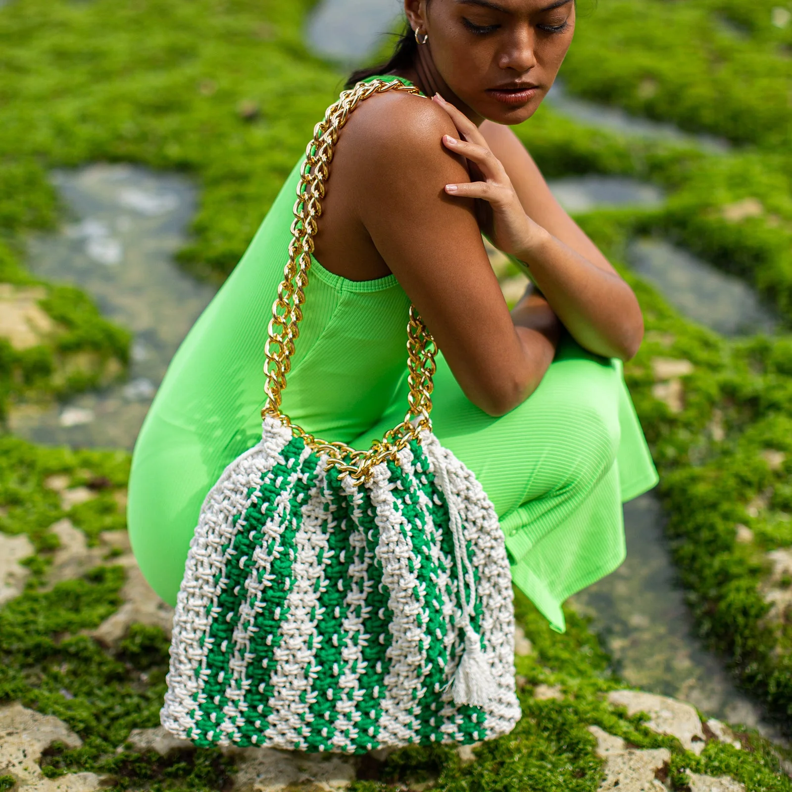 COLETTE Macrame Beach Bag In Green X Off-White - Image 2