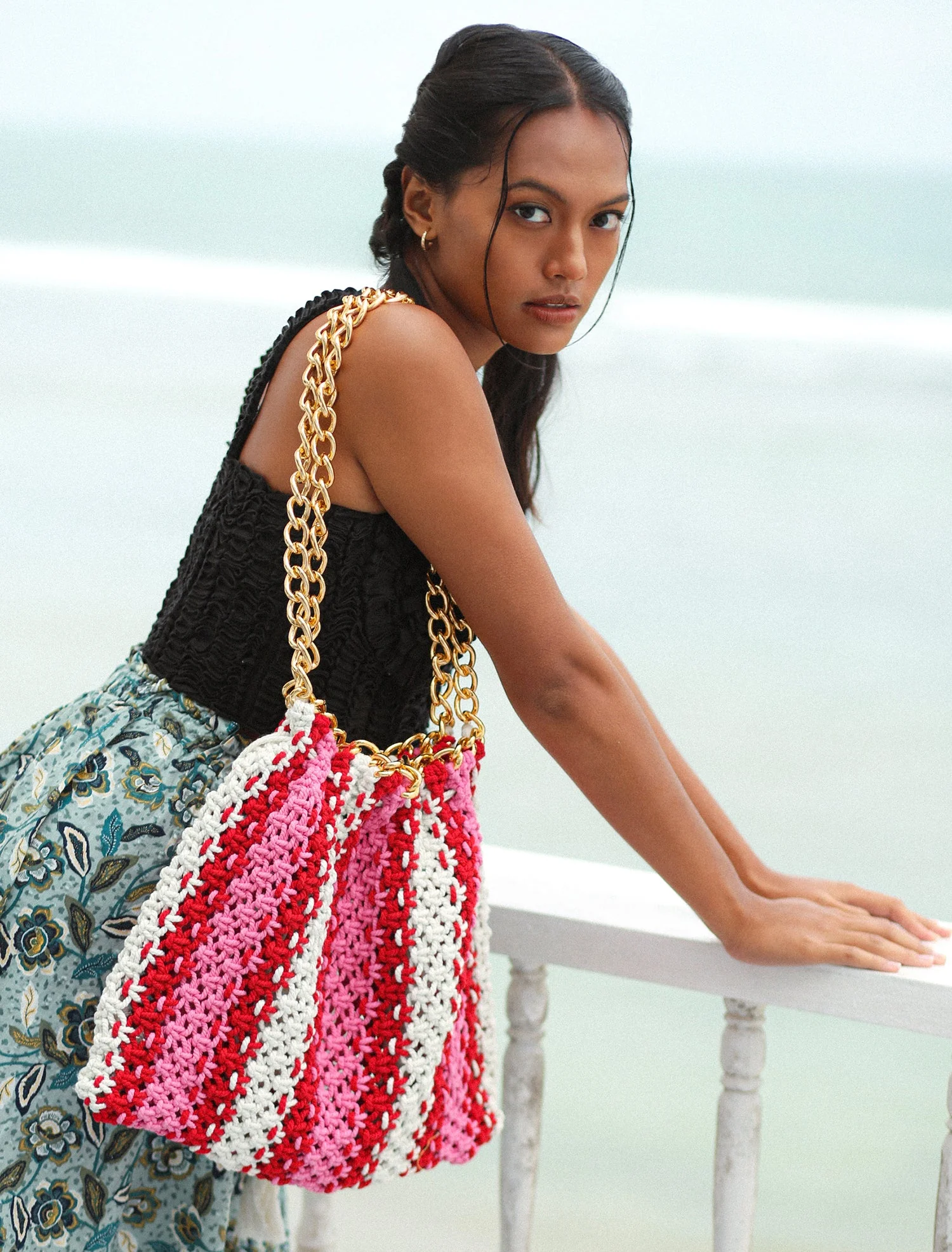 COLETTE Macrame Beach Bag In Pink & Red - Image 2