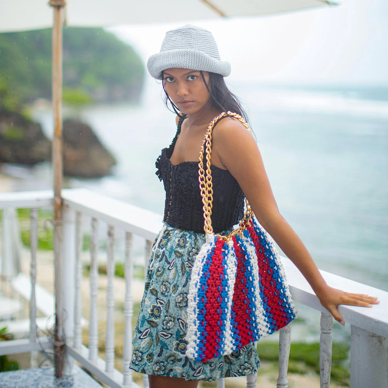COLETTE Macrame Beach Bag In Red, White & Blue - Image 3
