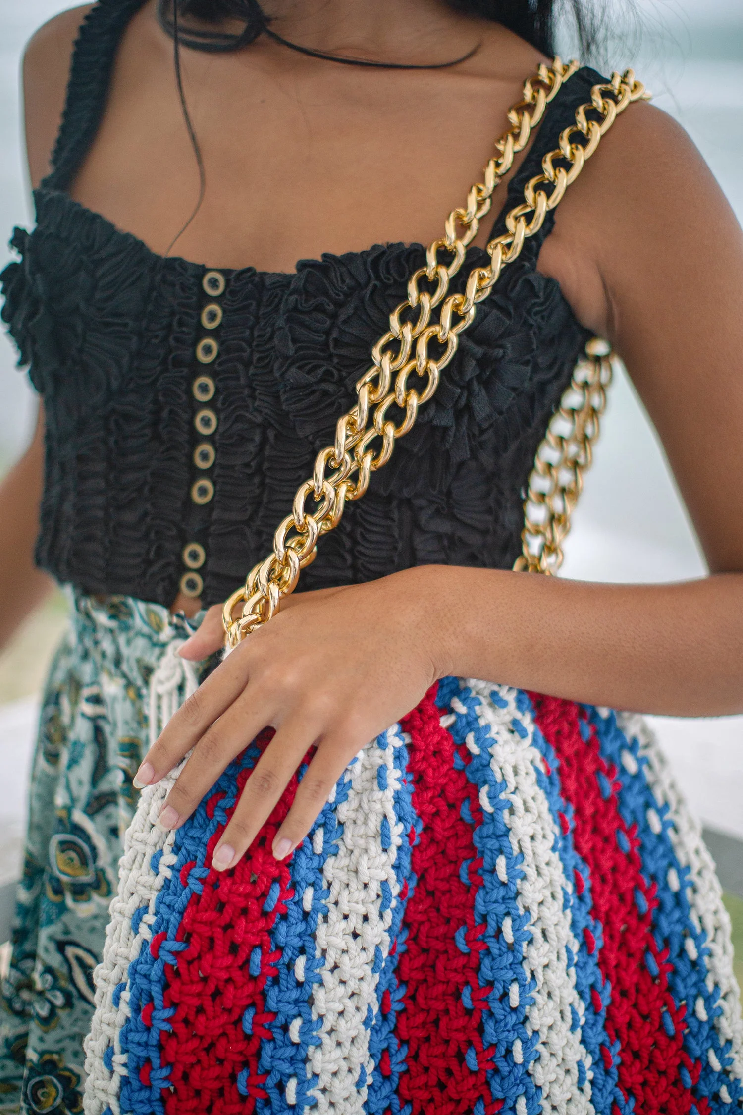 COLETTE Macrame Beach Bag In Red, White & Blue - Image 5