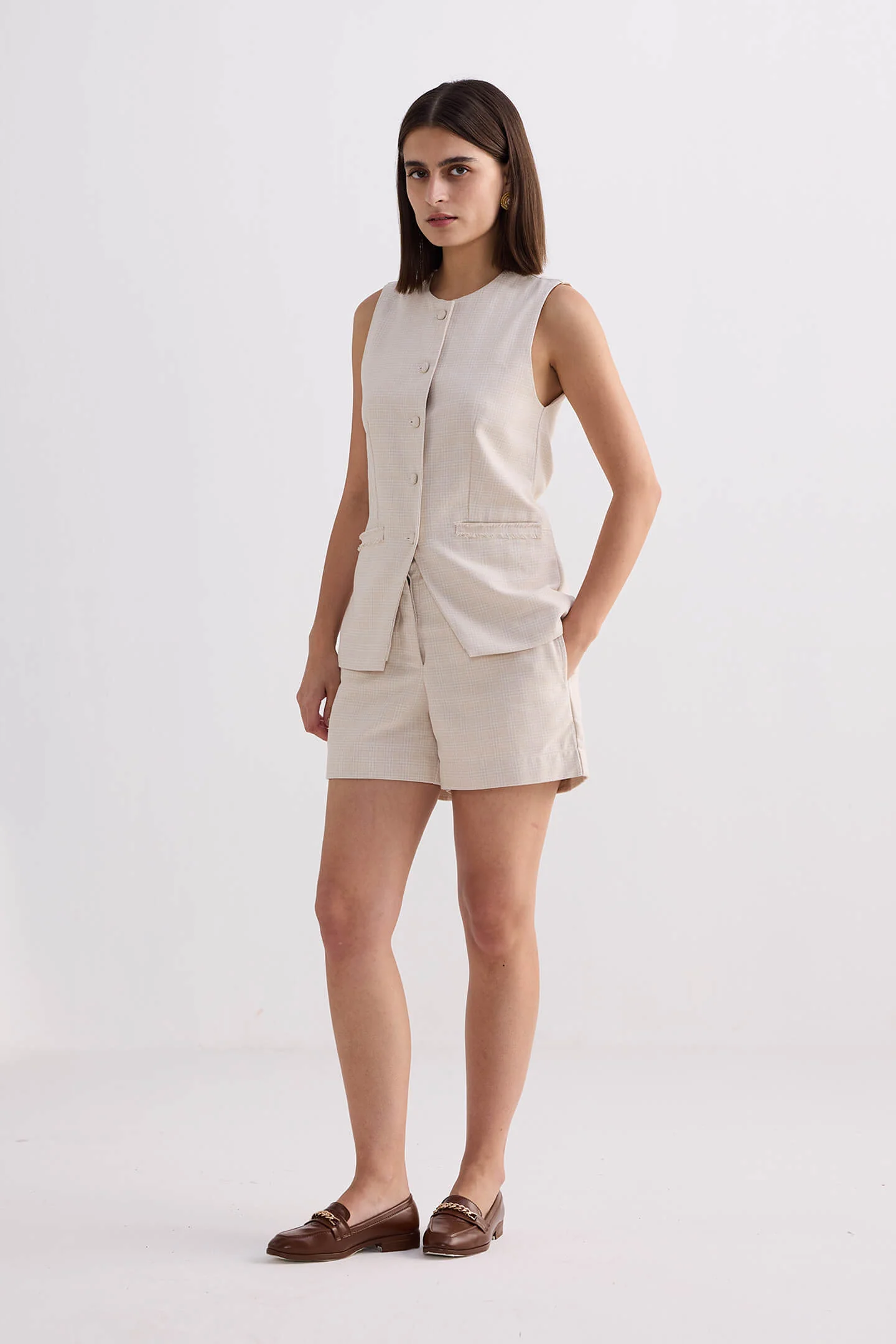 Cotton Tweed Shorts in Cream - Image 3