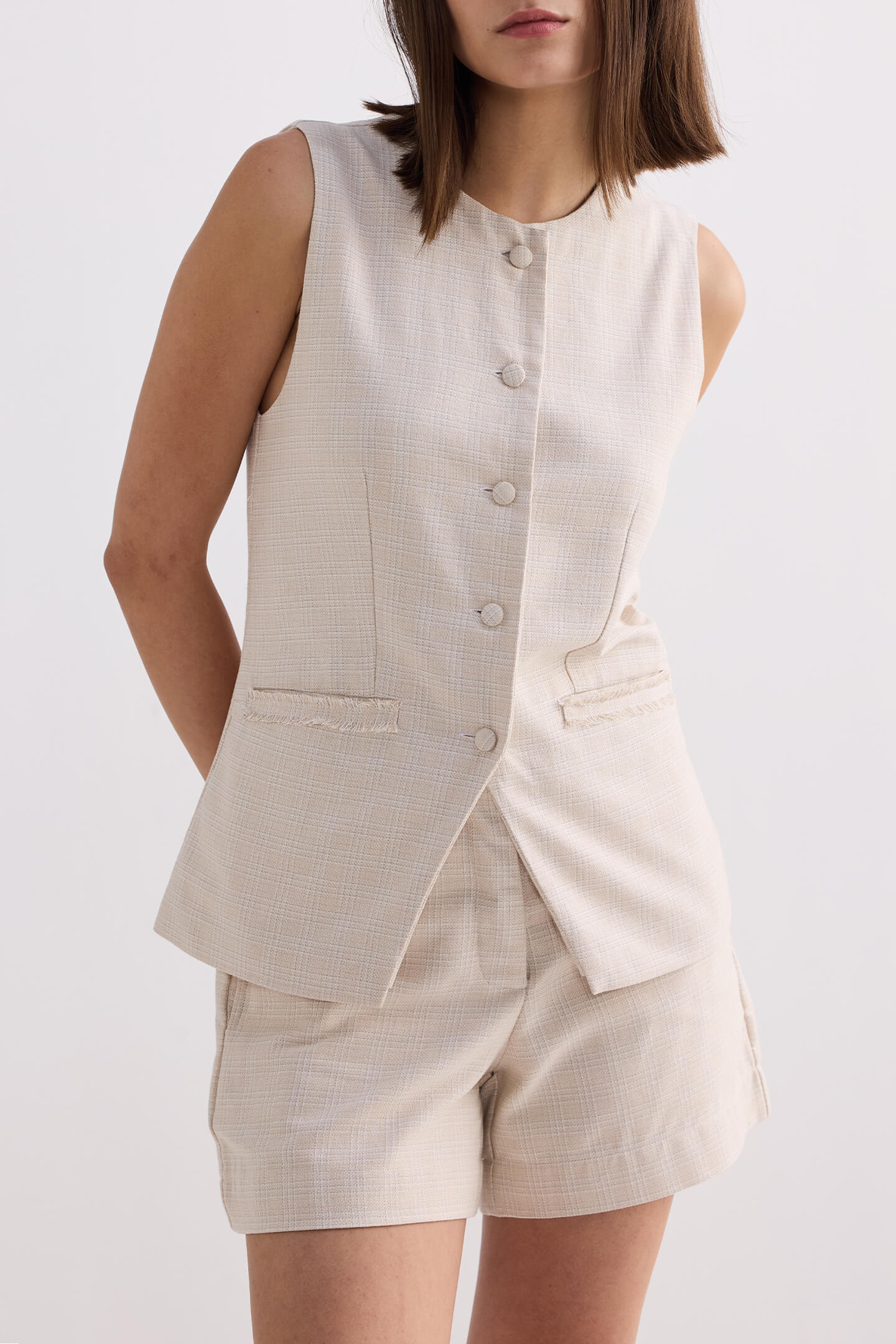 Cotton Tweed Shorts in Cream - Image 4