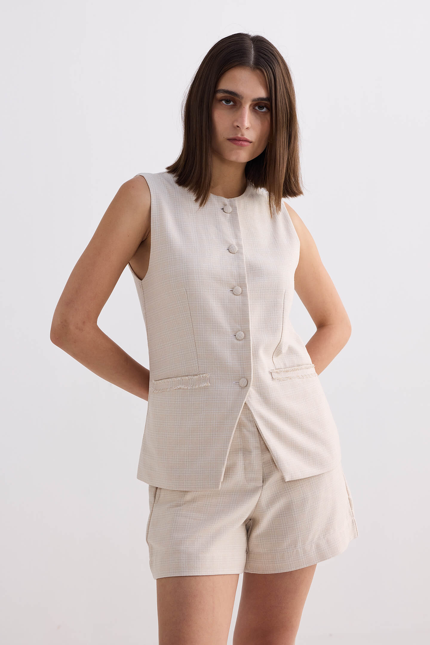 Cotton Tweed Shorts in Cream - Image 5