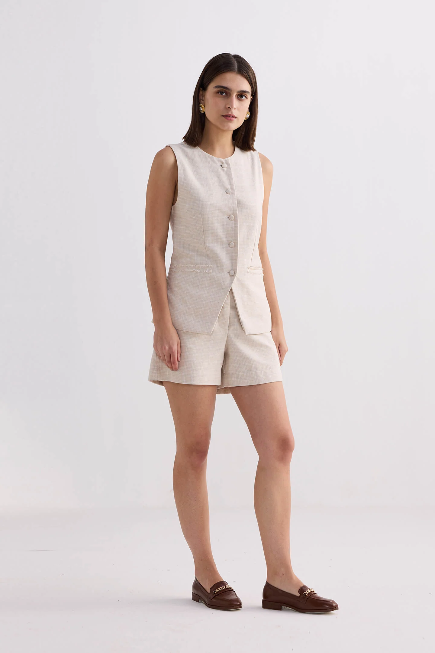 Cotton Tweed Shorts in Cream - Image 6