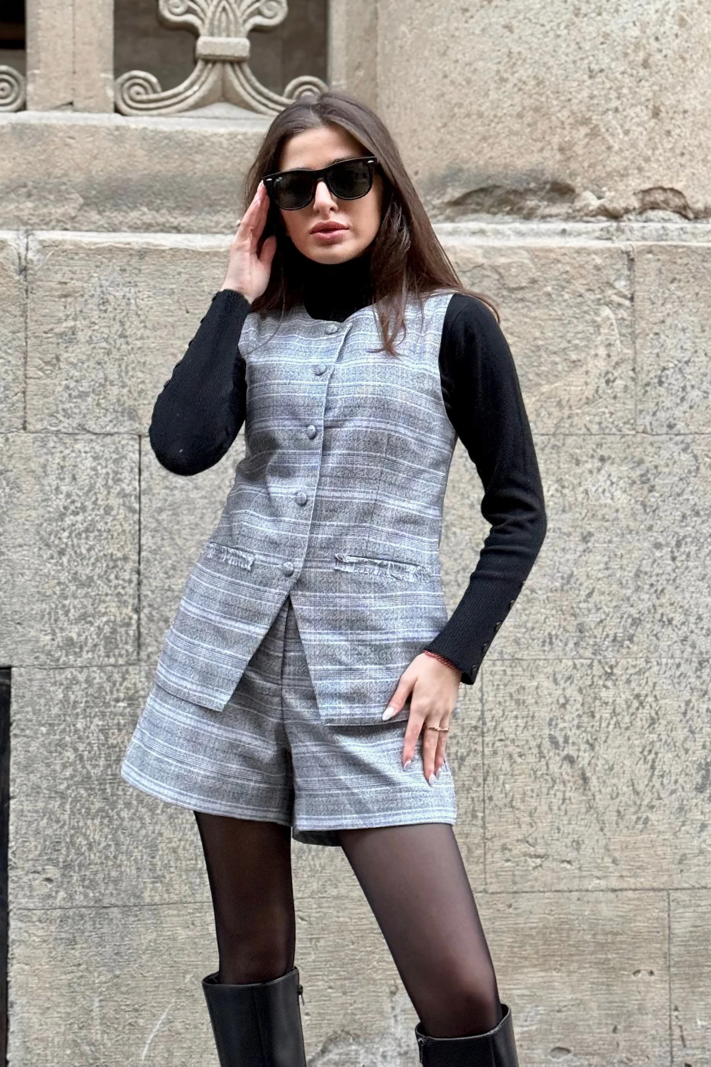Cotton Tweed Shorts in Grey - Image 9
