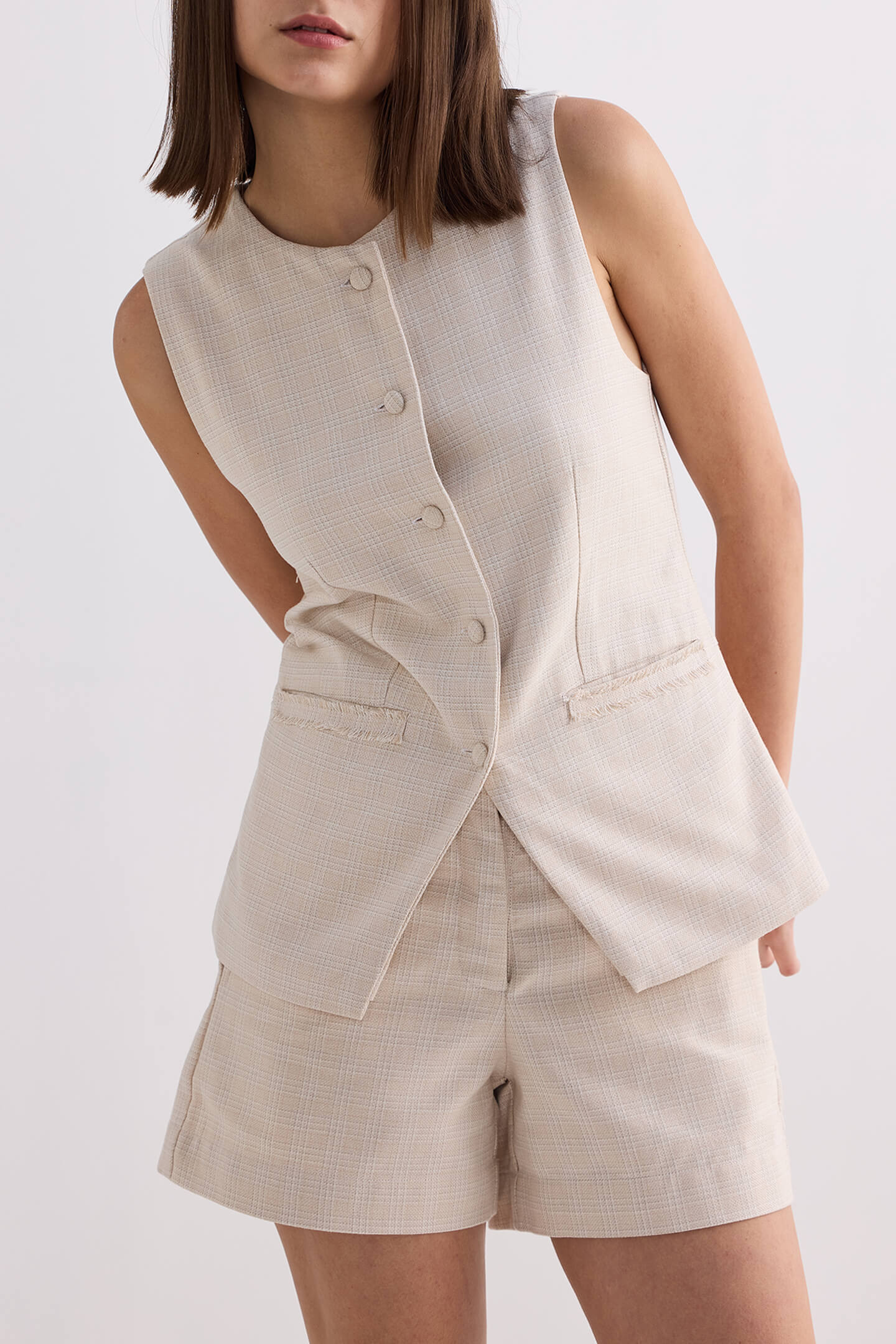 Cotton Tweed Vest Jacket in Cream - Image 5
