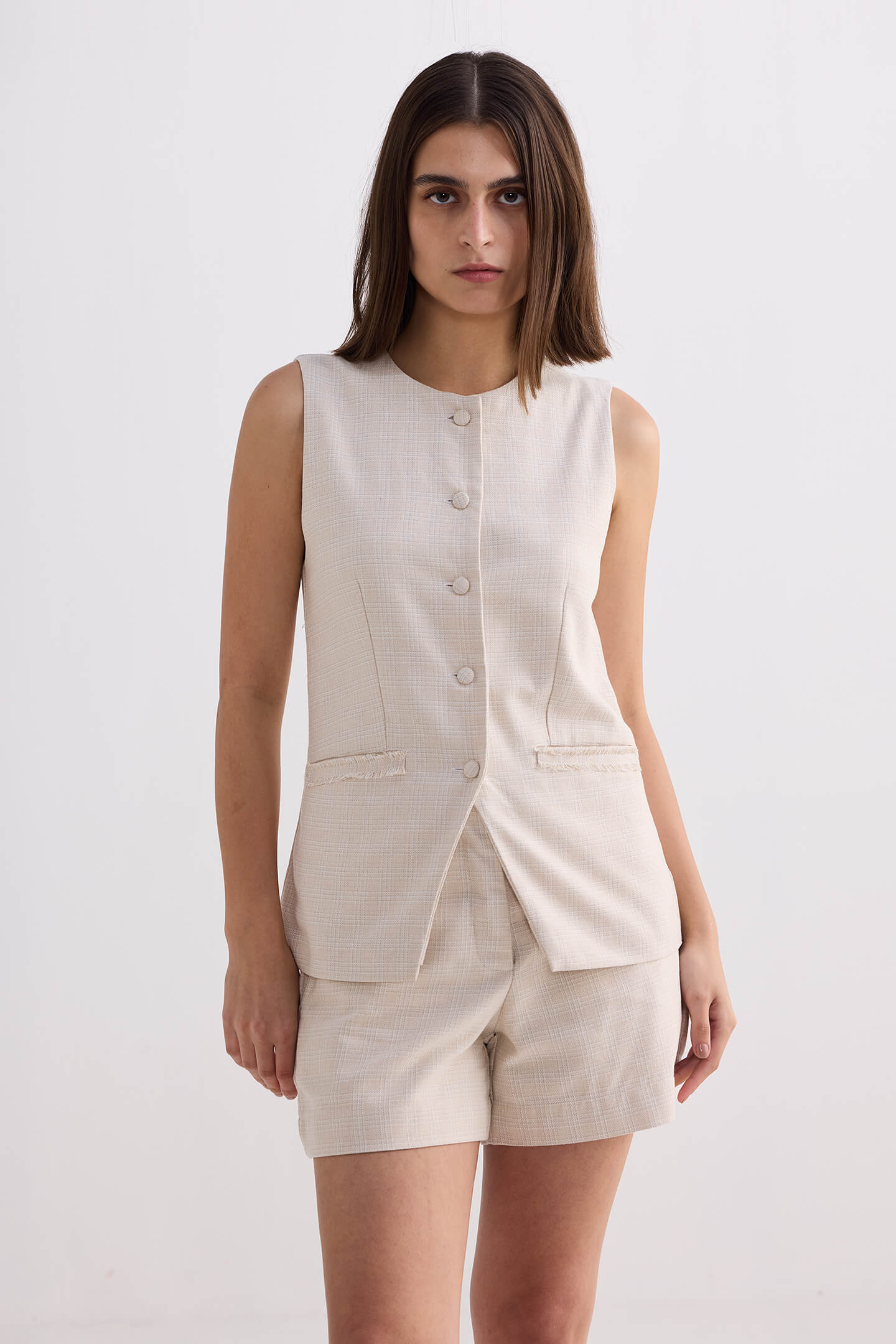Cotton Tweed Vest Jacket in Cream - Image 6