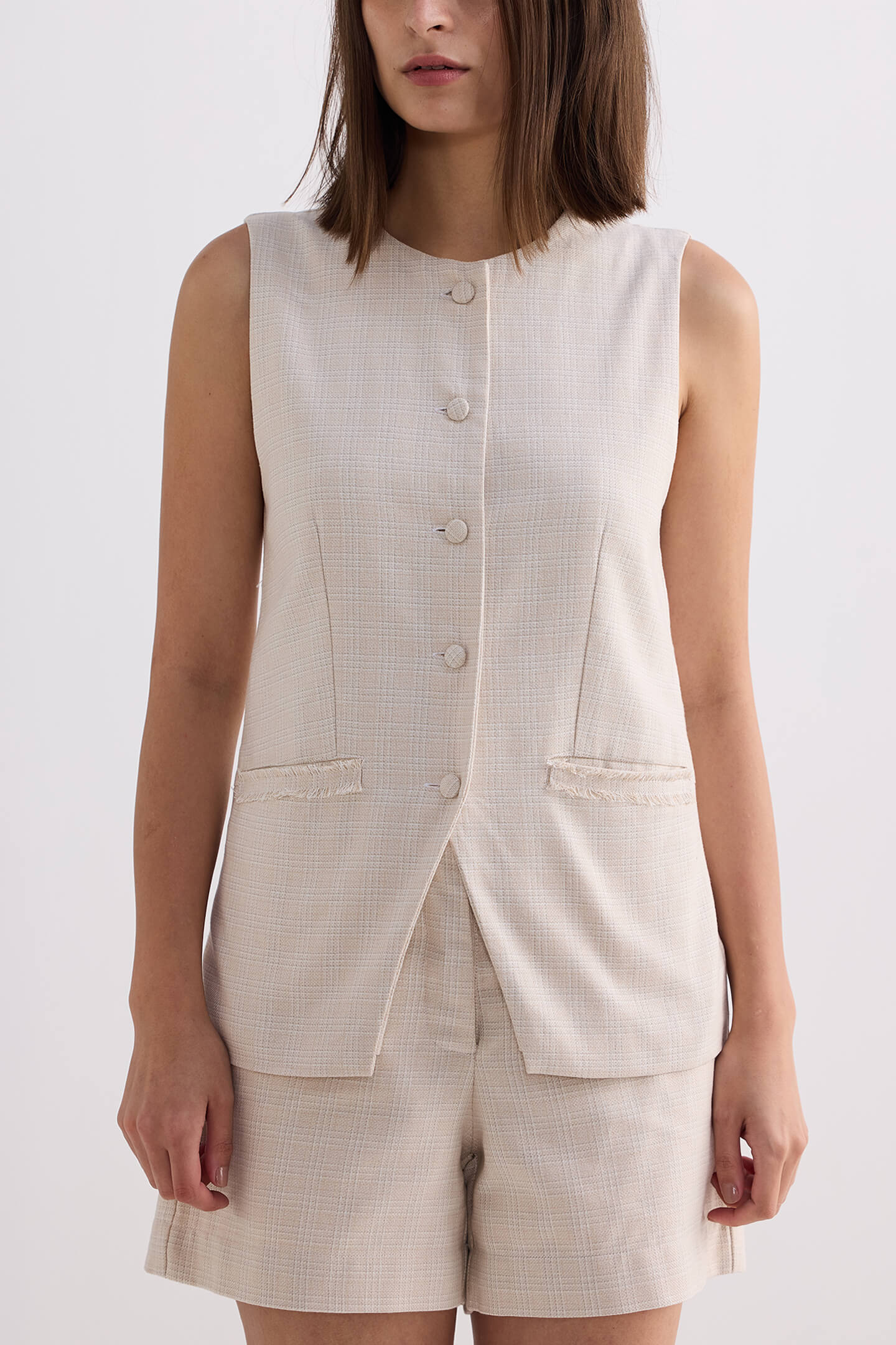 Cotton Tweed Vest Jacket in Cream - Image 7