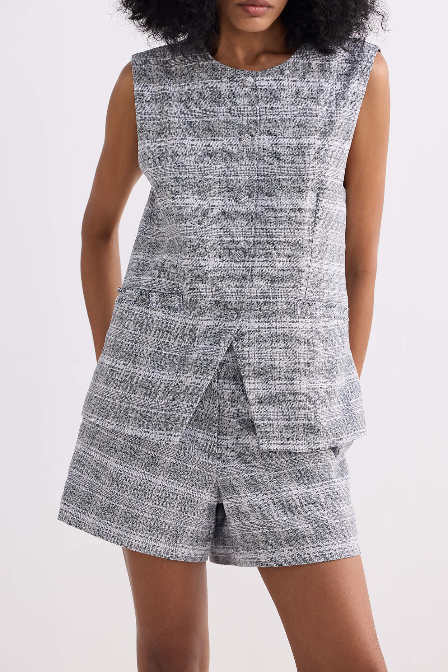 Cotton Tweed Vest Jacket in Grey - Image 6