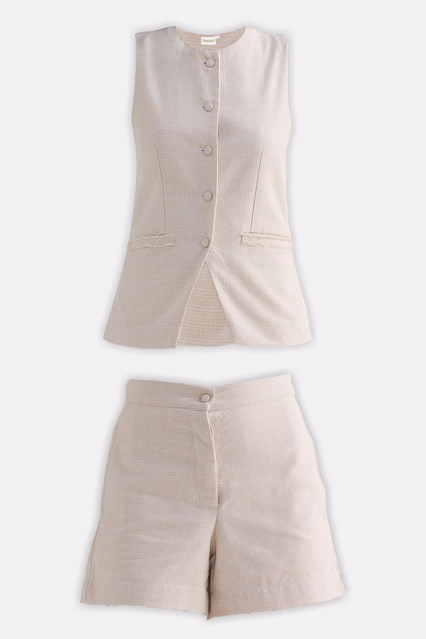 Cotton Tweed Vest Jacket Set in Cream - Image 10