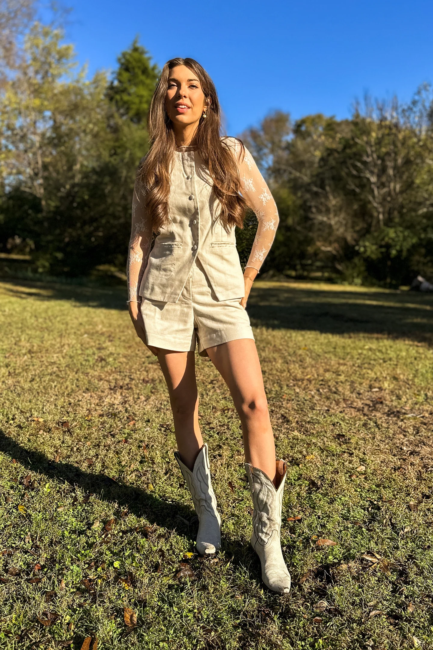 Cotton Tweed Vest Jacket Set in Cream - Image 12