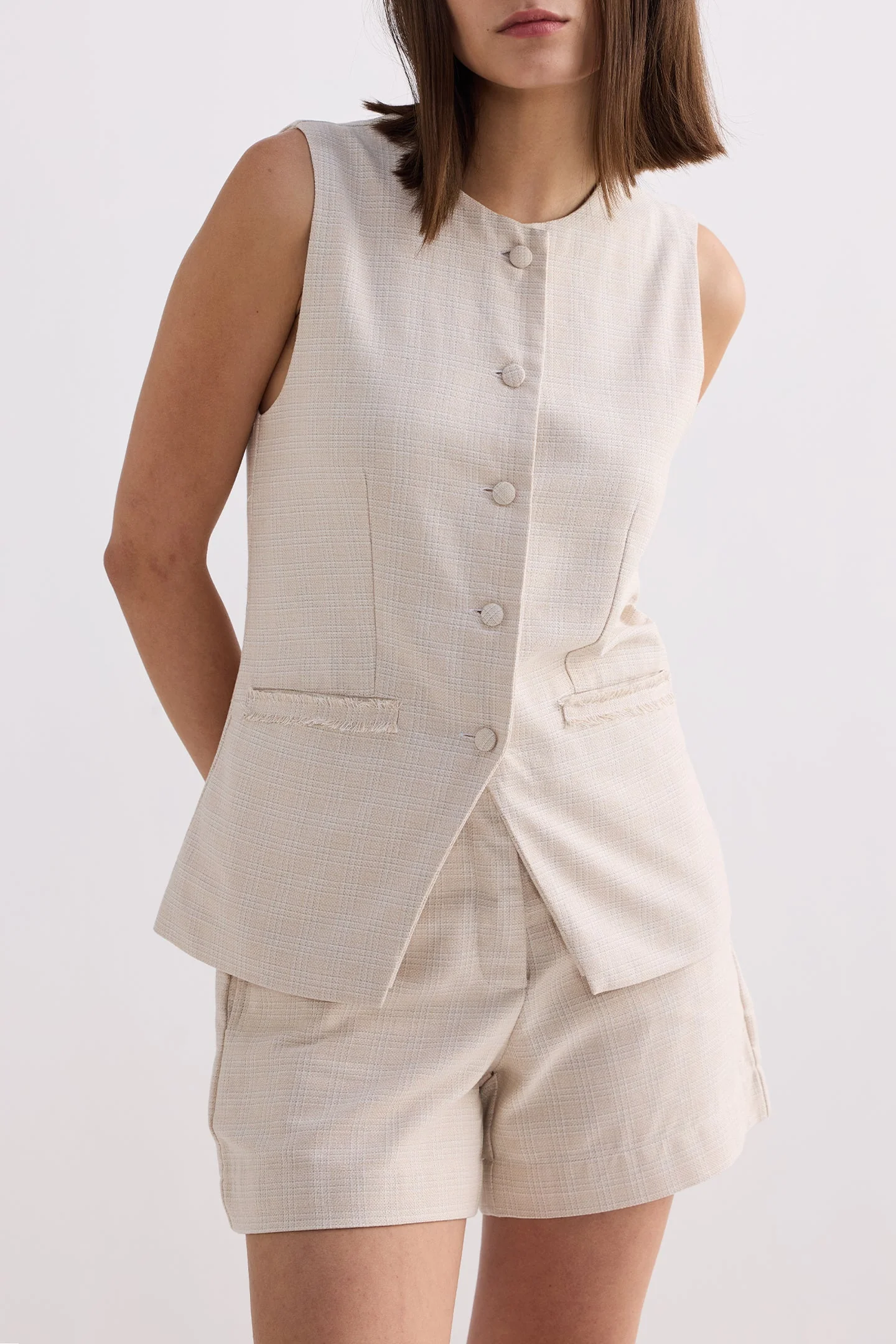 Cotton Tweed Vest Jacket Set in Cream - Image 3