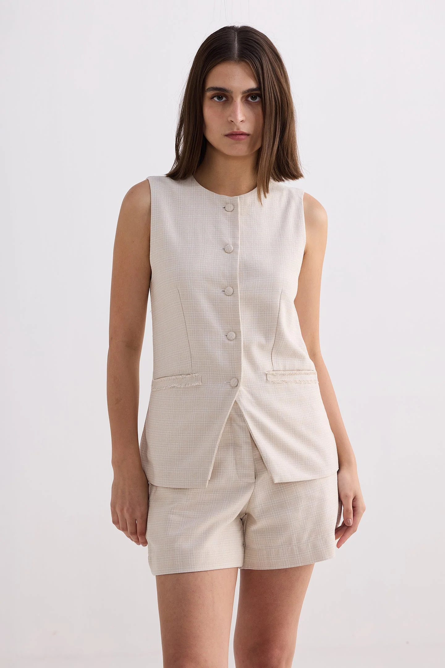 Cotton Tweed Vest Jacket Set in Cream - Image 4