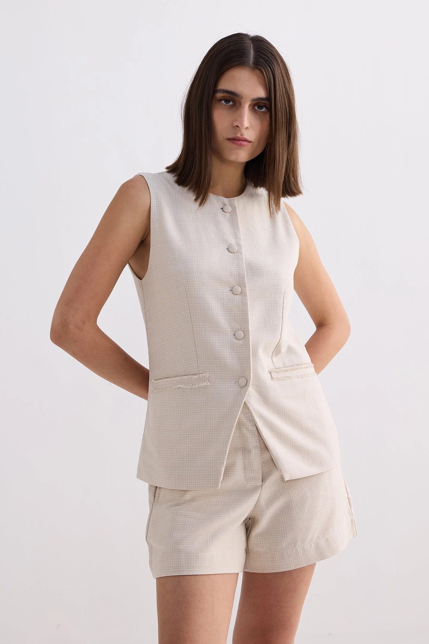 Cotton Tweed Vest Jacket Set in Cream - Image 5