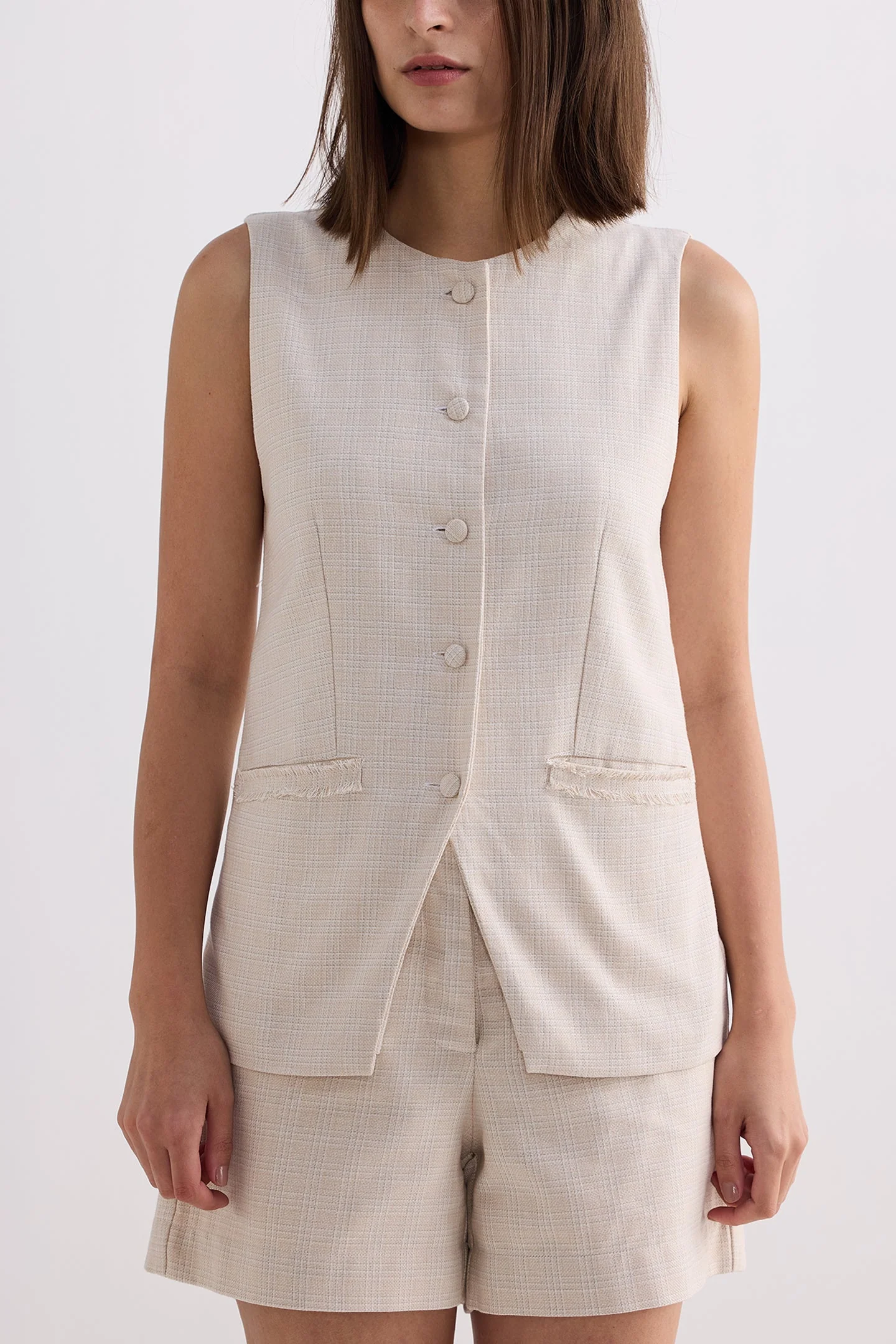 Cotton Tweed Vest Jacket Set in Cream - Image 6