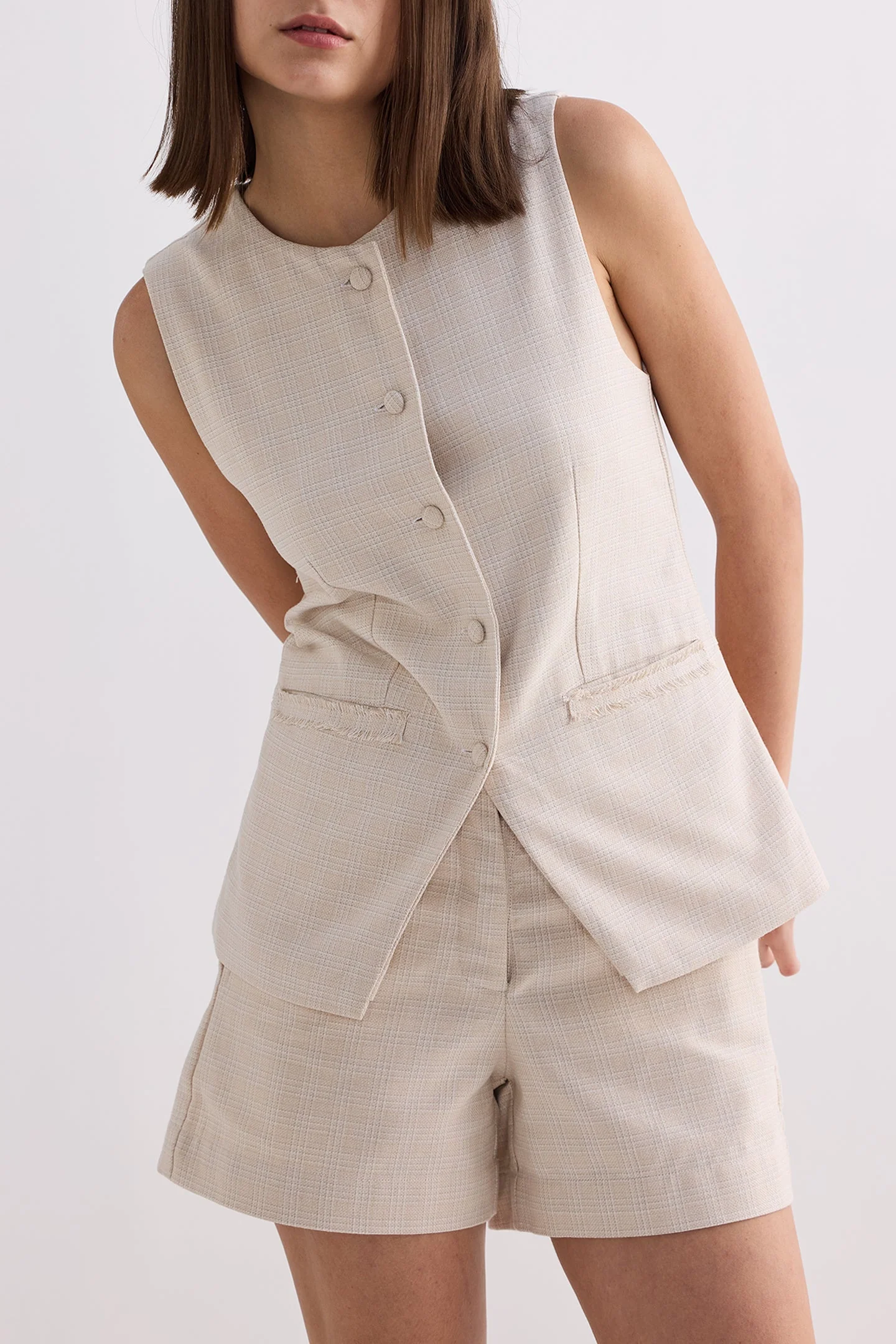 Cotton Tweed Vest Jacket Set in Cream - Image 7