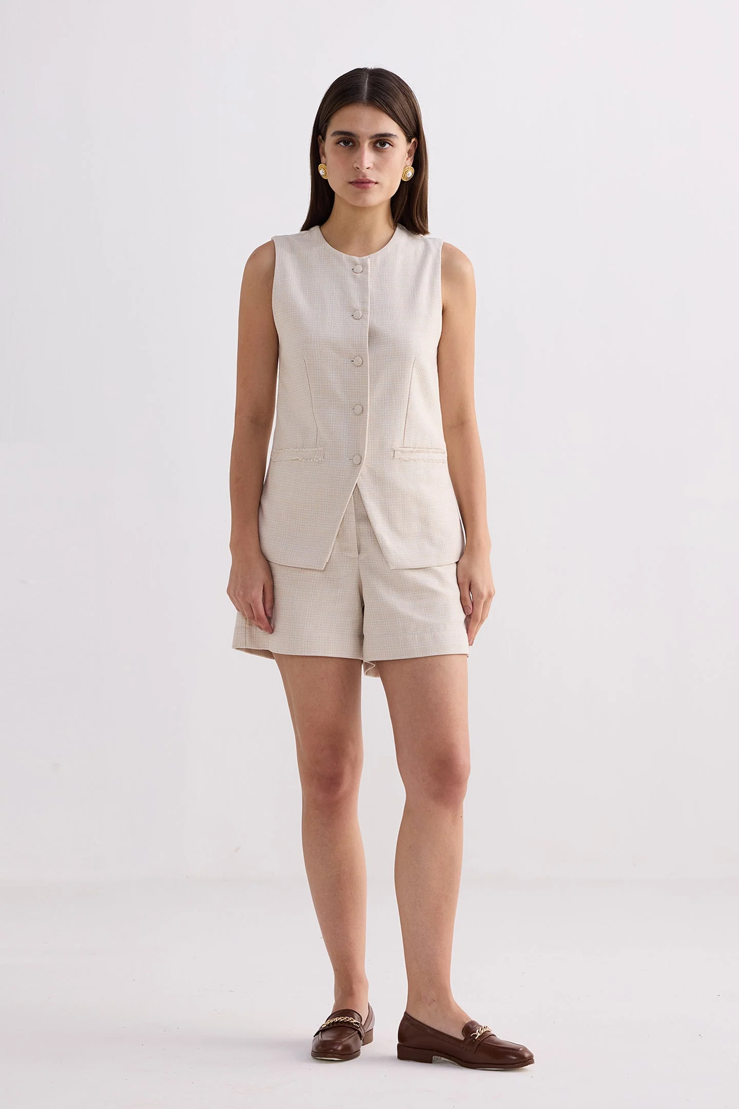 Cotton Tweed Vest Jacket Set in Cream - Image 8