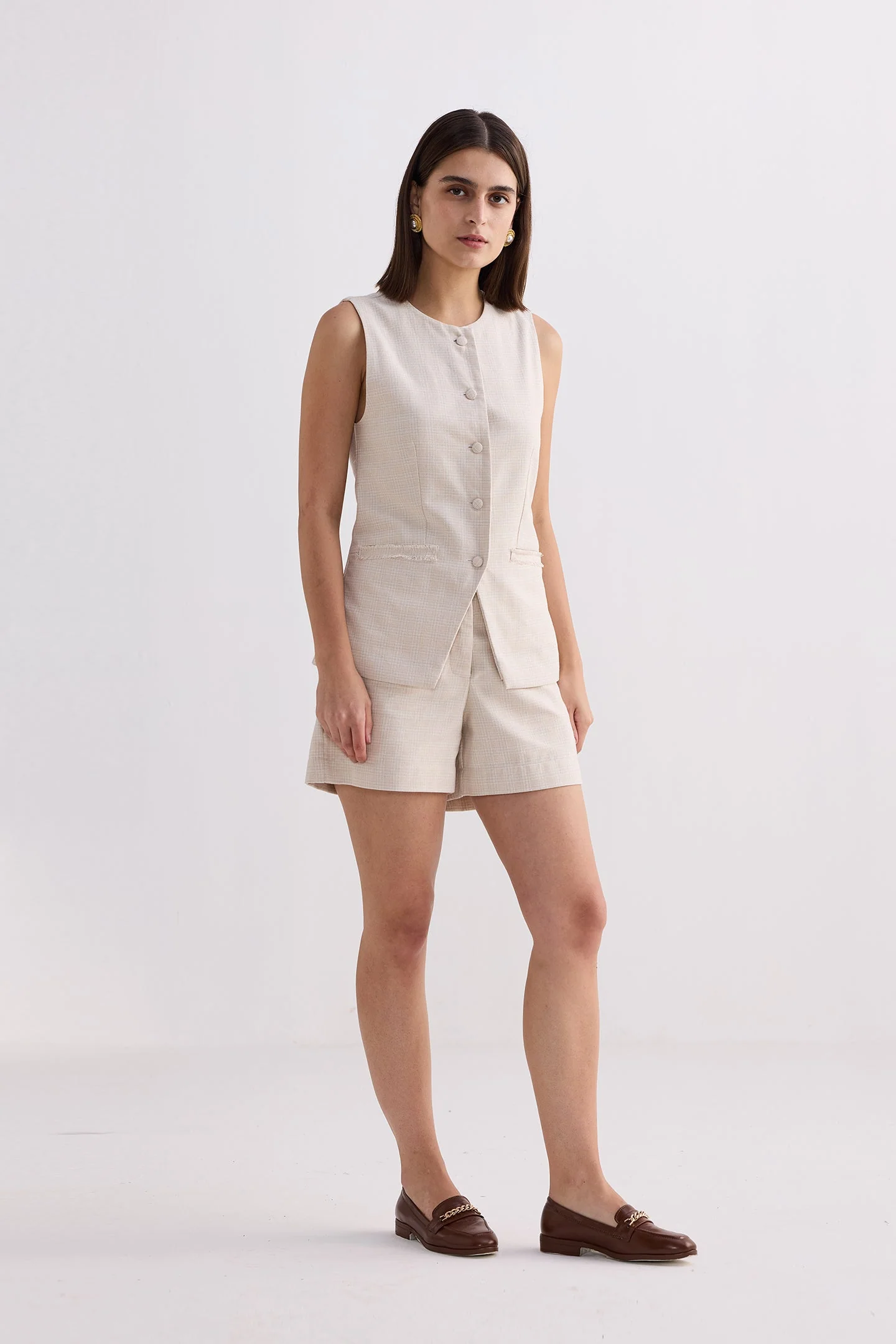 Cotton Tweed Vest Jacket Set in Cream - Image 9