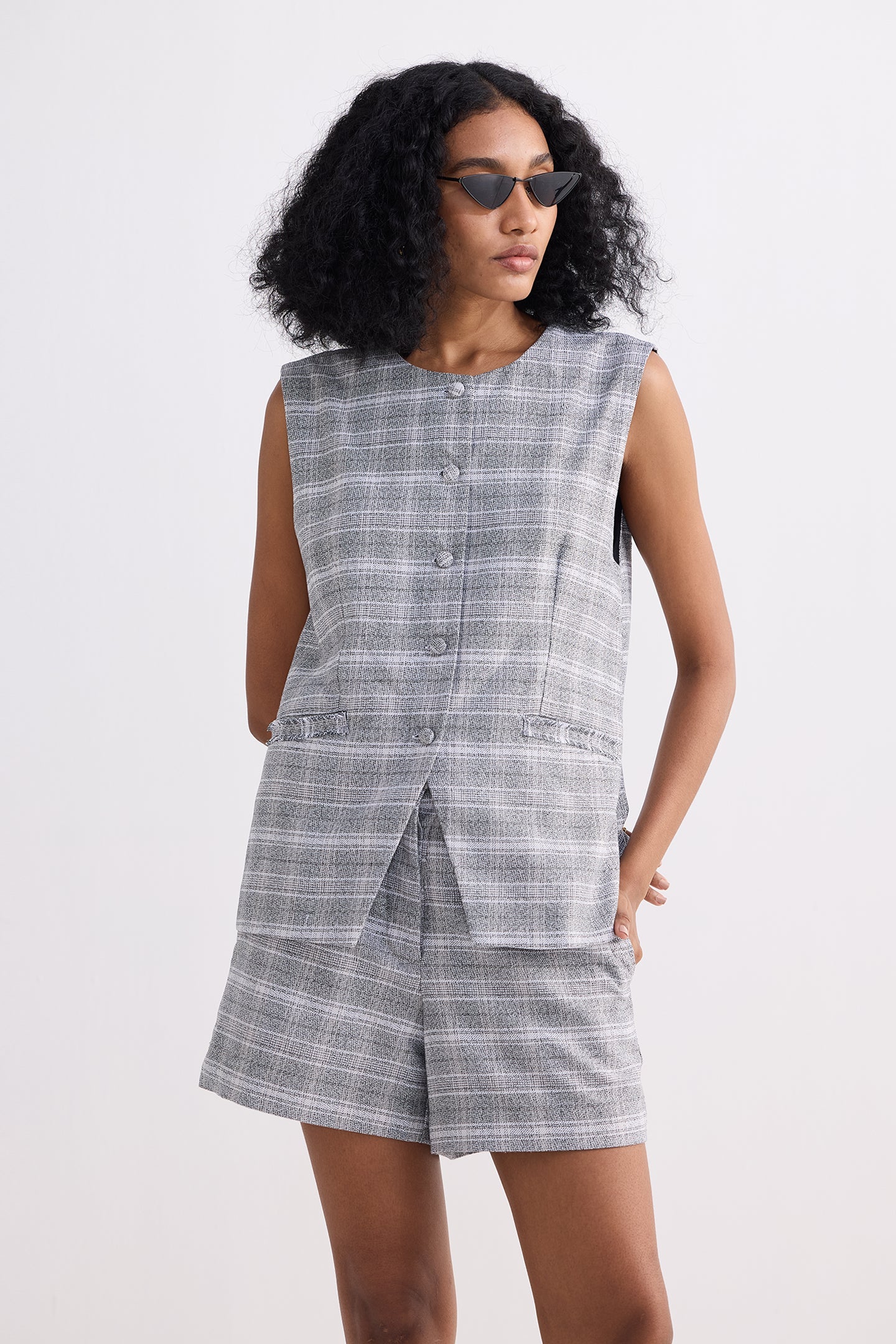Cotton Tweed Vest Jacket Set in Grey - Image 3
