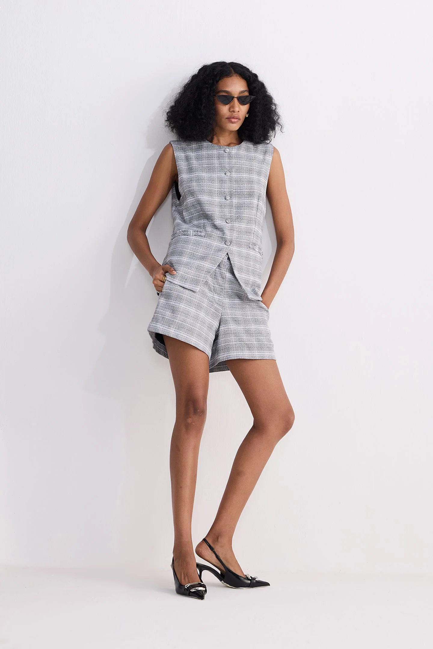 Cotton Tweed Vest Jacket Set in Grey - Image 5