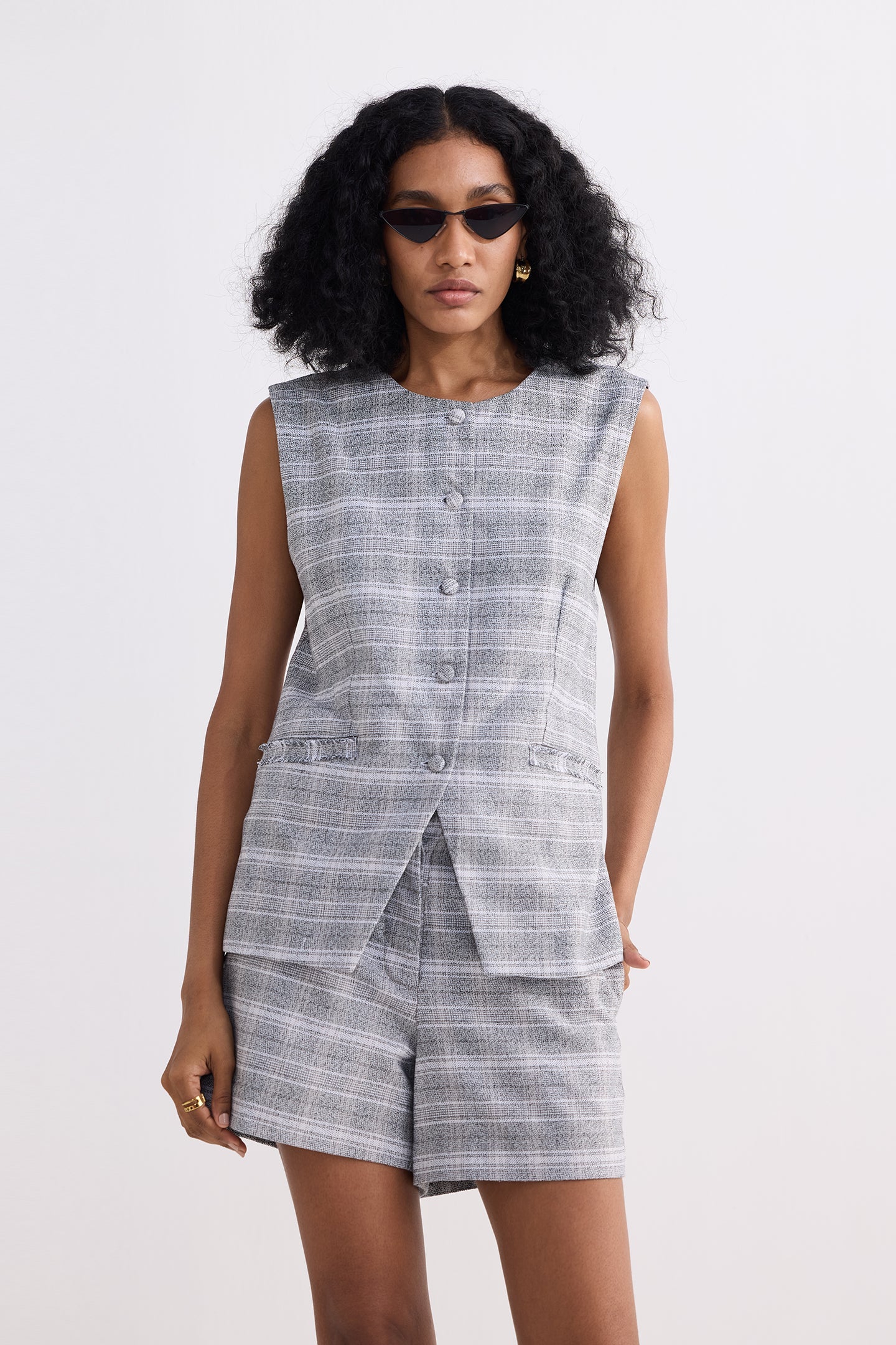 Cotton Tweed Vest Jacket Set in Grey - Image 6